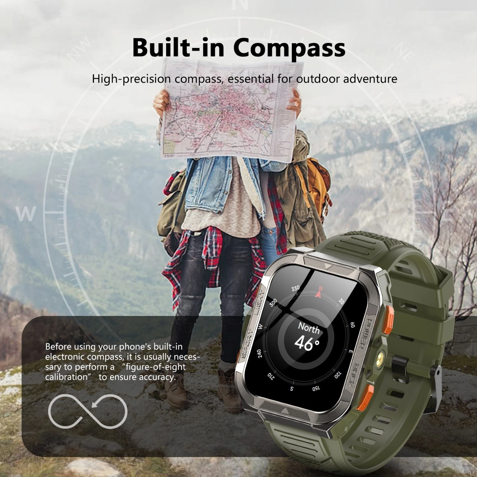 Eine Person hält eine Karte. Eine Smartwatch mit Kompass befindet sich im Vordergrund. Text zur Kompassverwendung ist enthalten.