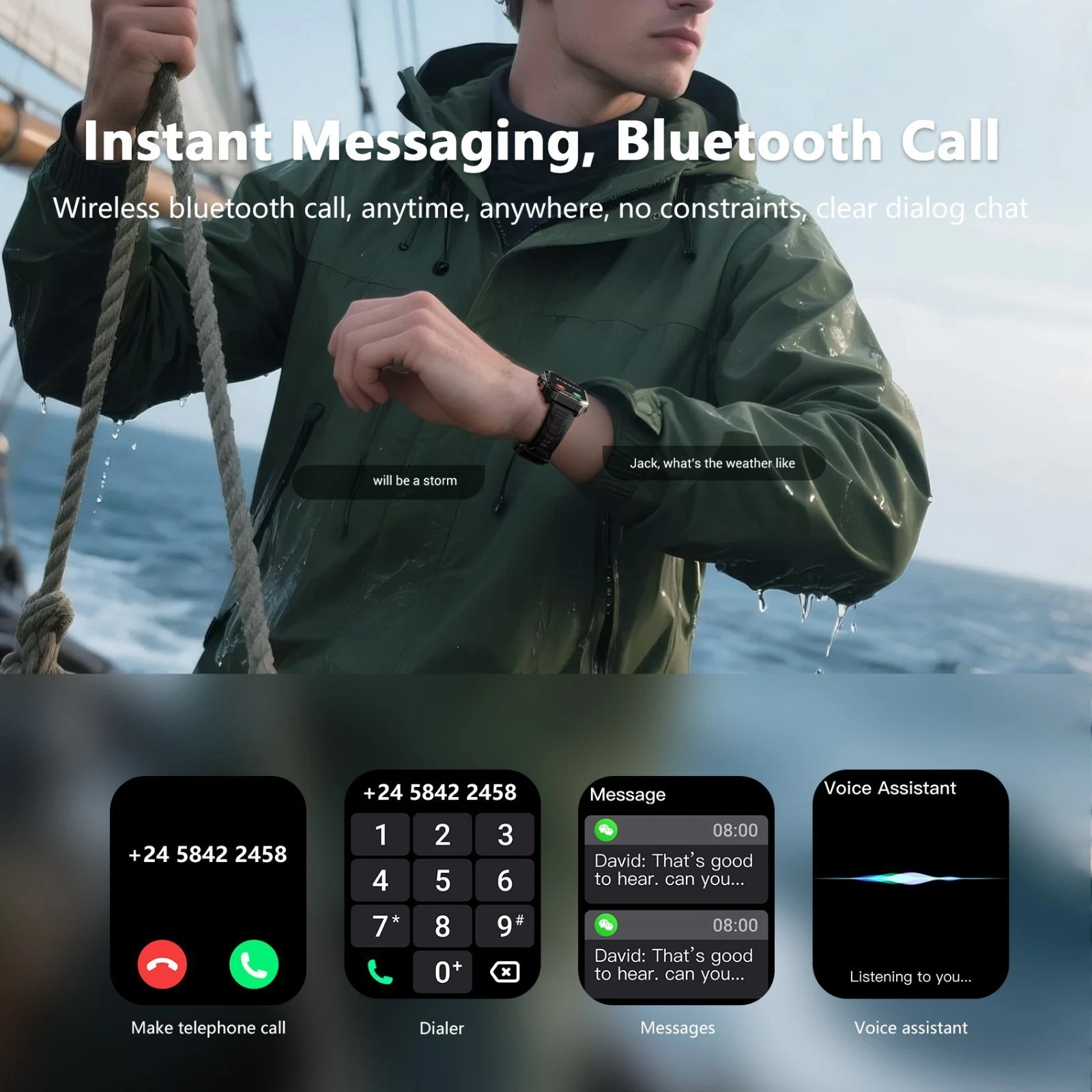 Ein Mann mit Smartwatch nutzt Anruffunktionen und Nachrichten. Im Hintergrund Wasser und ein Sturm.