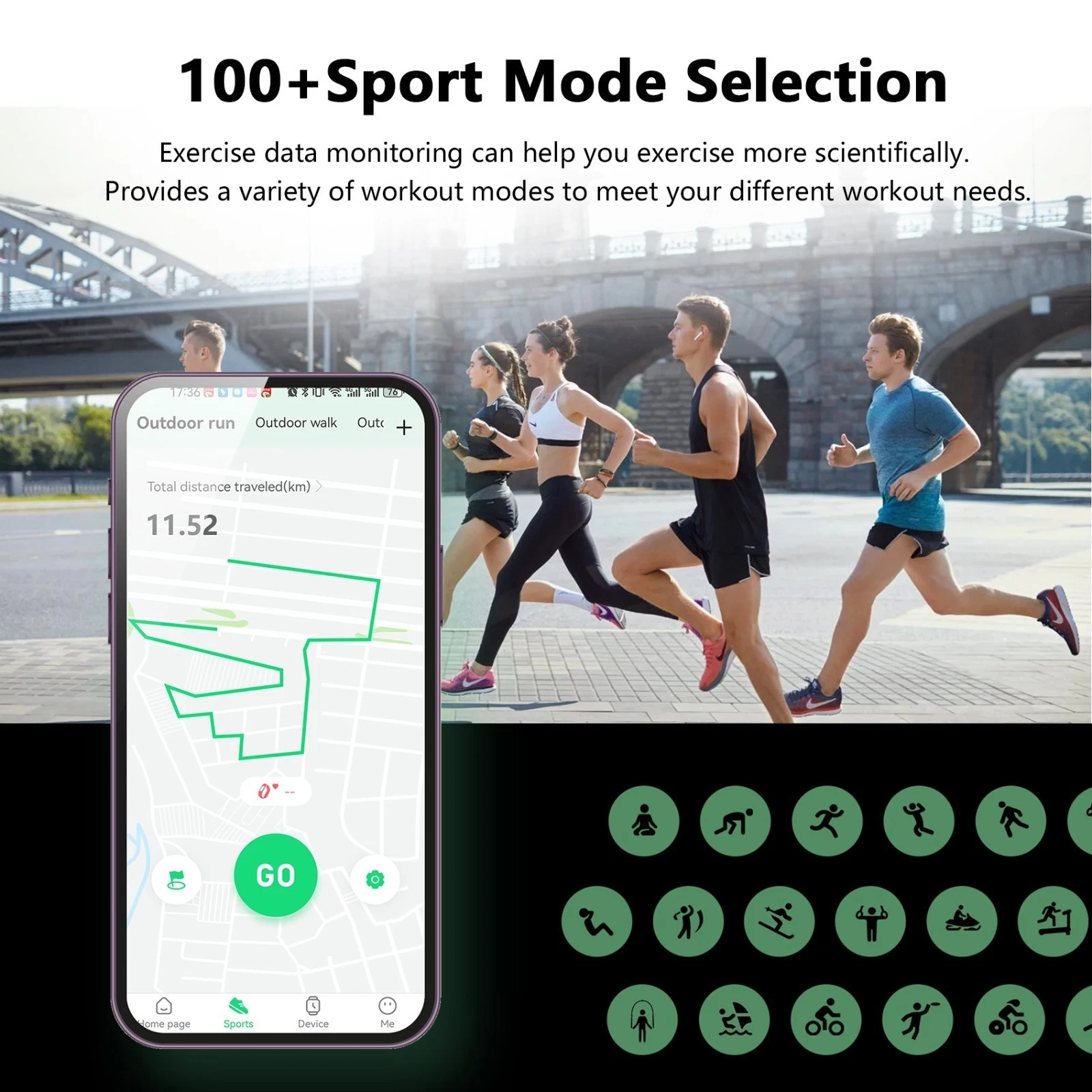 Das Bild zeigt laufende Menschen. Ein Telefon zeigt eine Laufstrecke. Der Text lautet '100+ Sportmodus-Auswahl'.