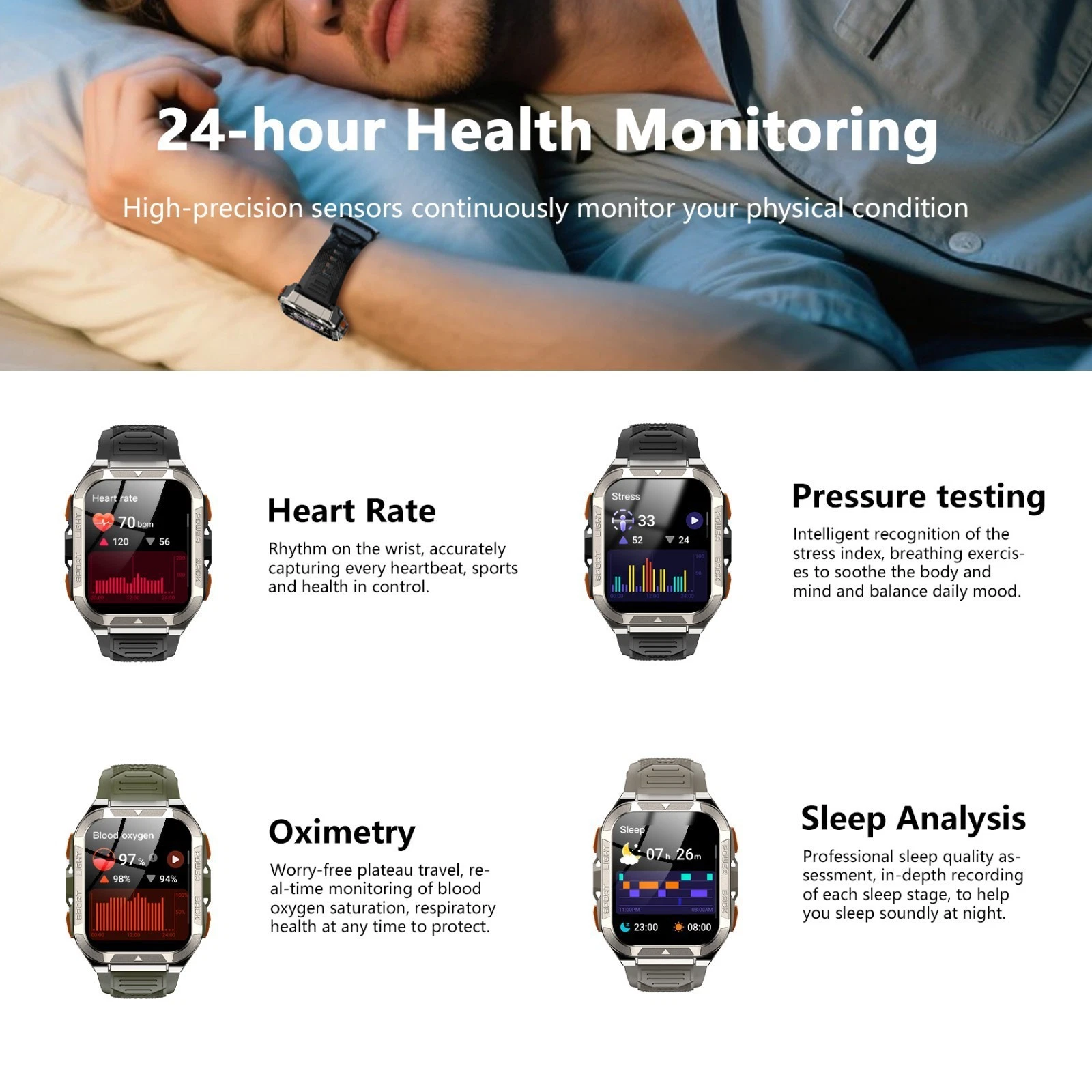 Das Bild zeigt eine liegende Person mit Smartwatch am Handgelenk und vier Smartwatches, die Gesundheitsdaten anzeigen.