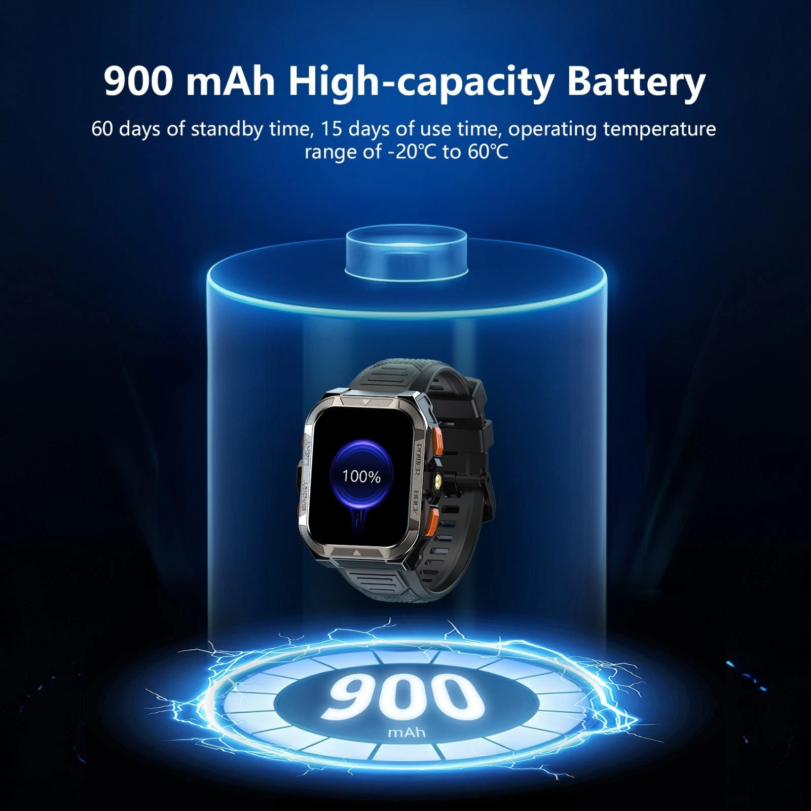 Eine Smartwatch mit 100 % Akku auf blauem Grund. Text hebt 900 mAh Batteriekapazität hervor.
