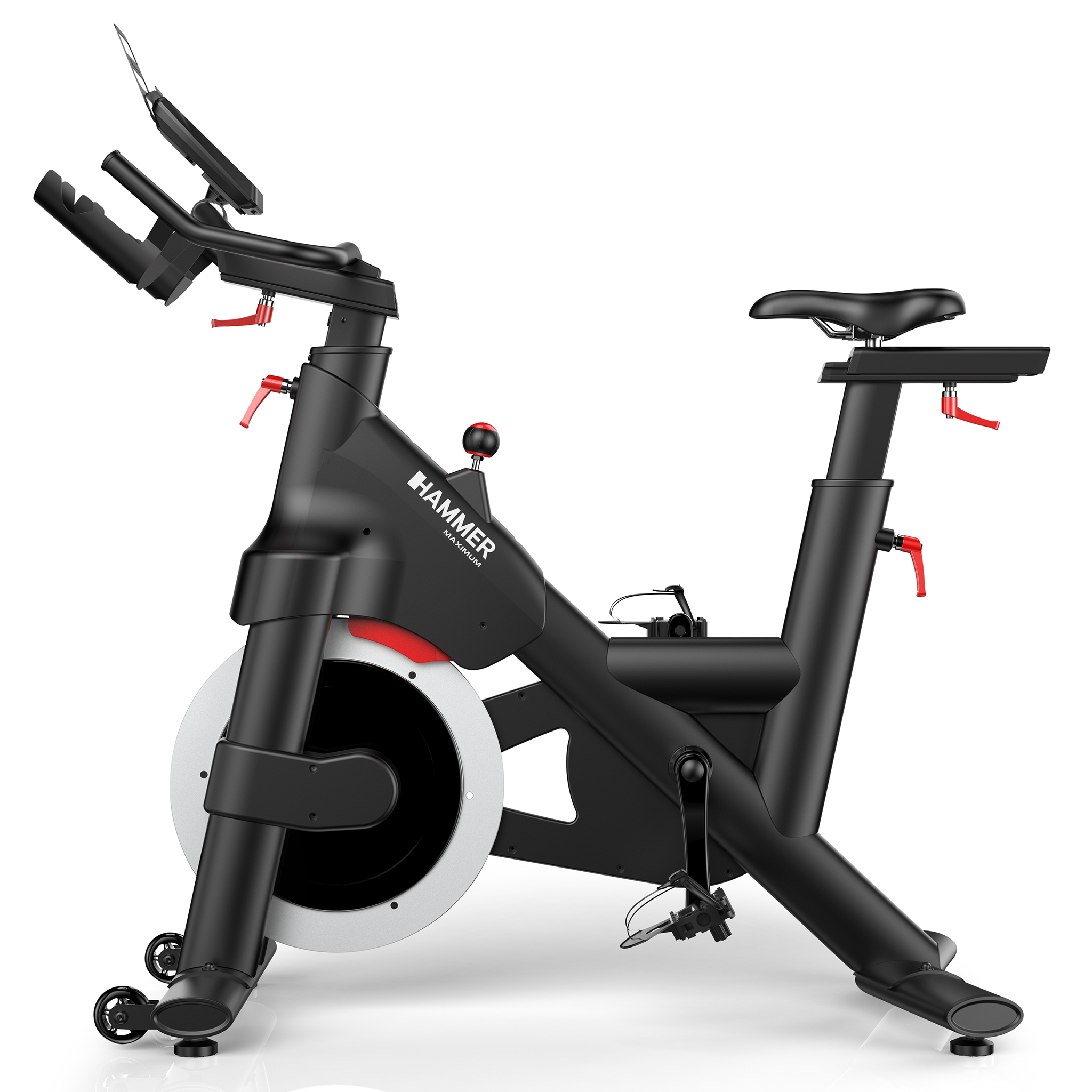 Ein schwarzes Heimtrainer mit roten Akzenten. Verfügt über einen Sitz, Lenker und ein digitales Display. Der Hintergrund ist weiß.