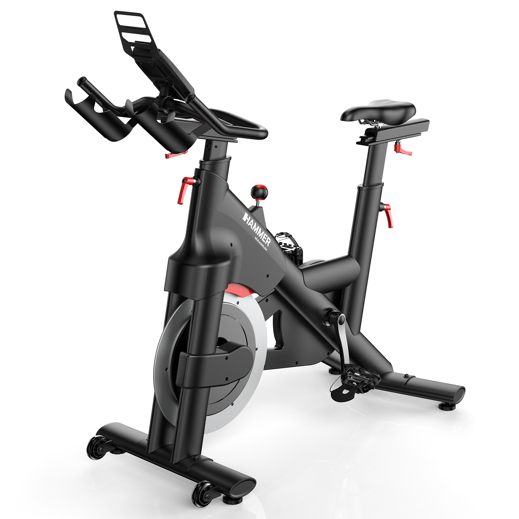 Schwarzes stationäres Trainingsfahrrad mit roten Akzenten. Mit Lenker, Sitz, Pedalen und Schwungrad. Weißer Hintergrund.