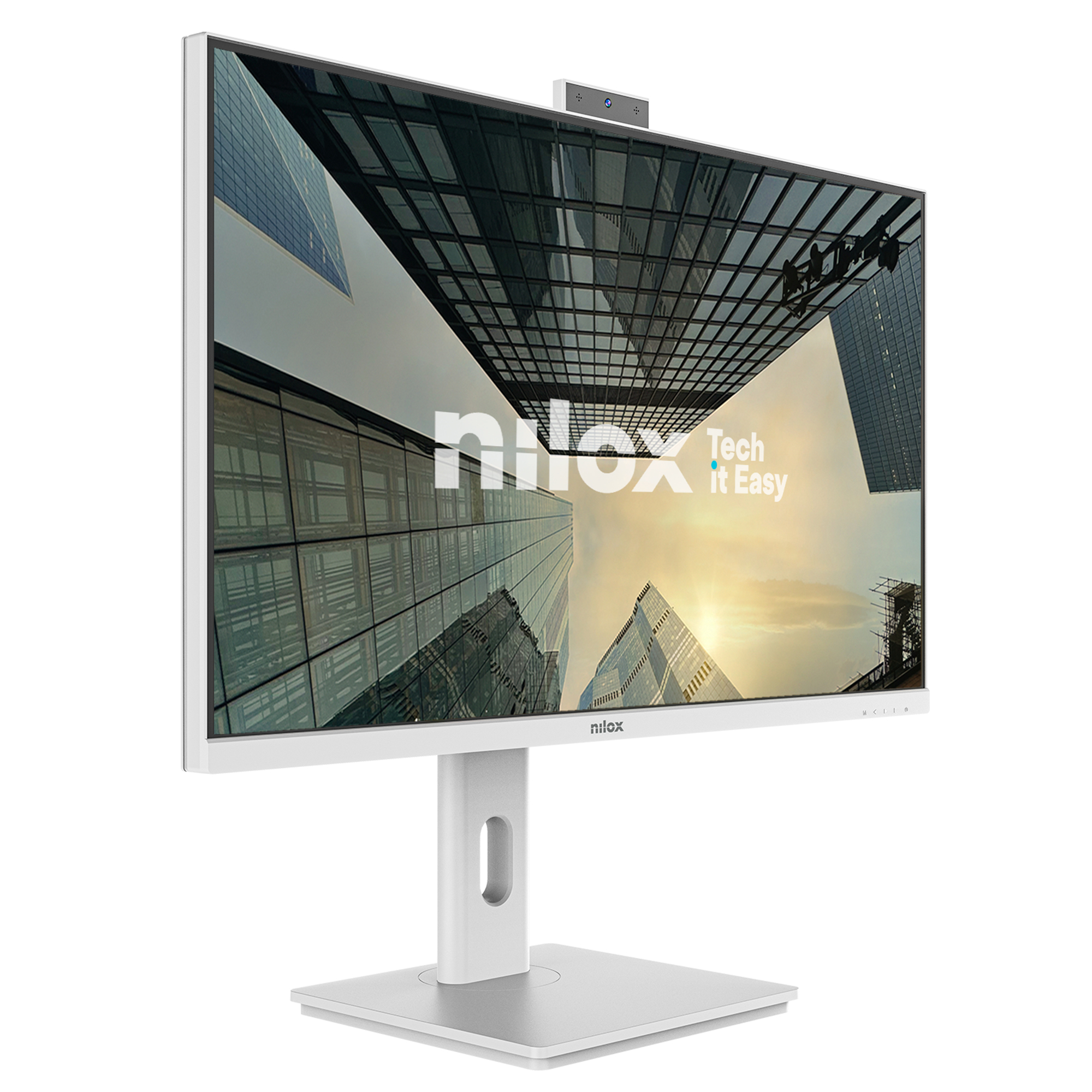 Un monitor Nilox bianco mostra grattacieli. Ha una fotocamera in alto. Il supporto è bianco e quadrato.