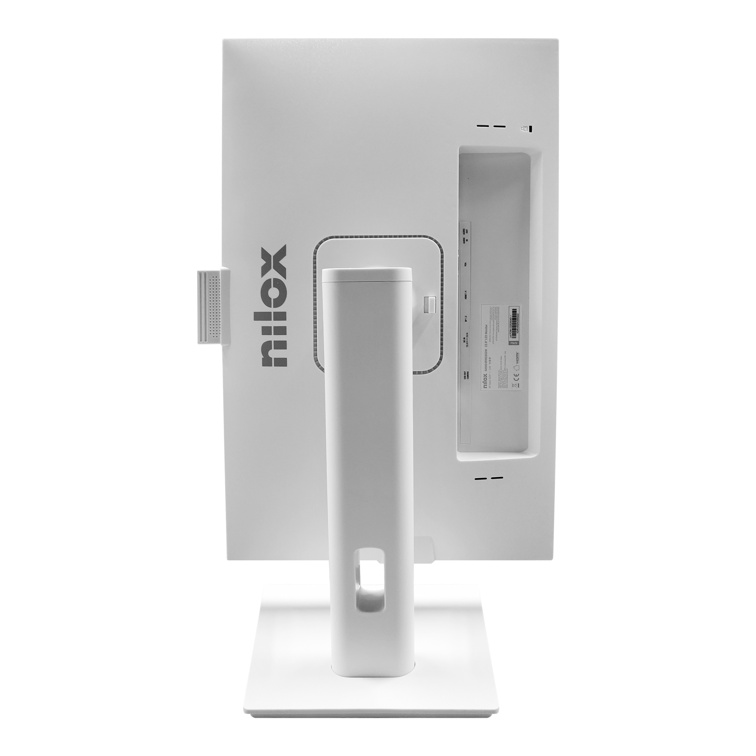 Retro di un monitor Nilox bianco con supporto, porte e logo Nilox.