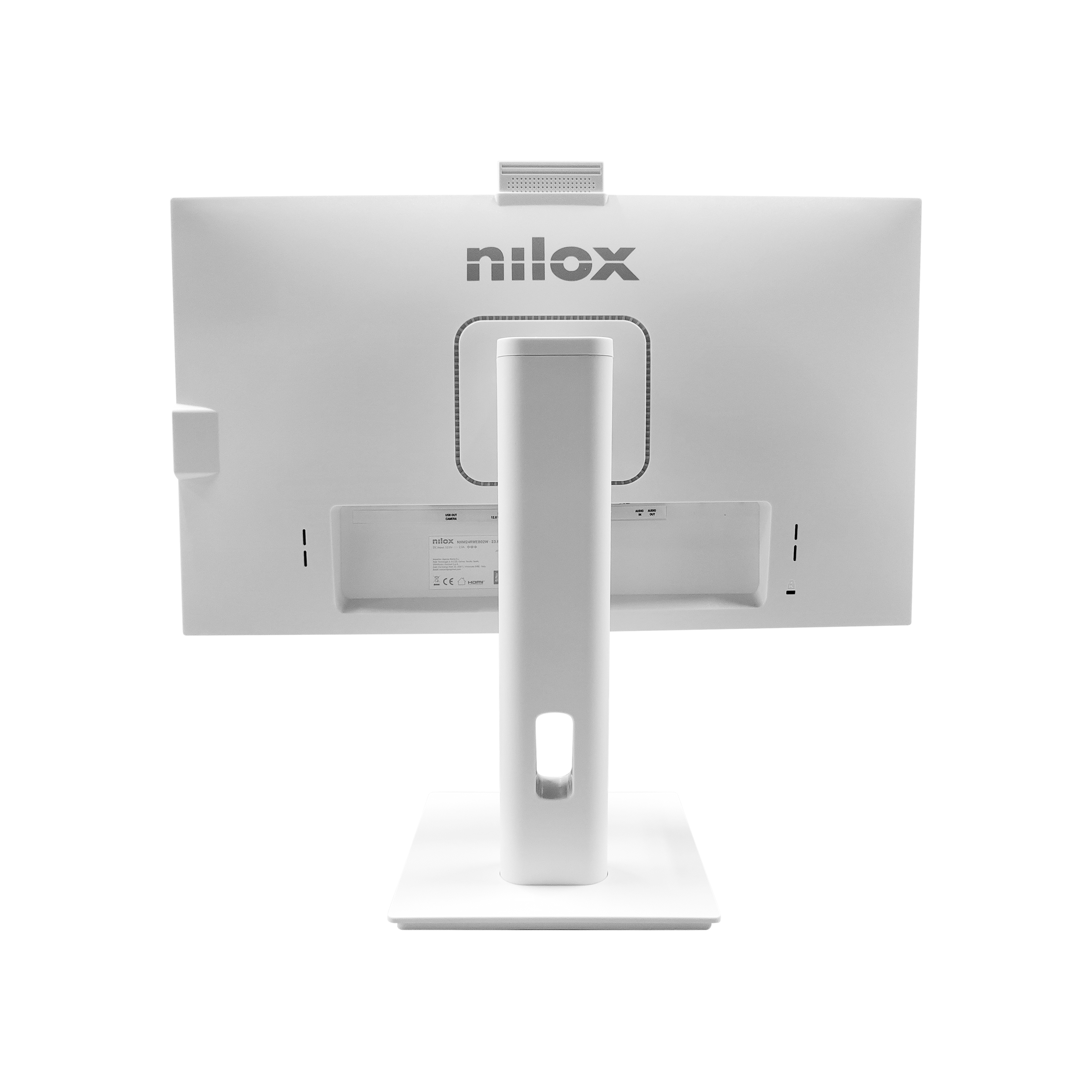 Il retro di un monitor Nilox bianco. Ha un supporto, porte e il logo Nilox.