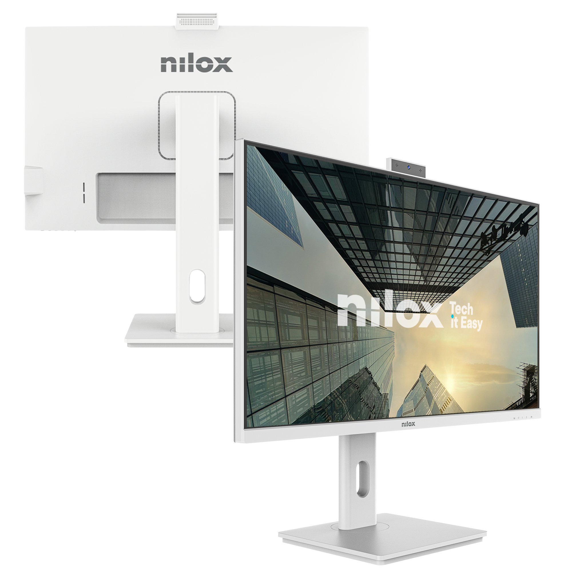 Il monitor Nilox bianco mostra una scena cittadina. Ha una webcam e un supporto. Il logo Nilox è visibile.