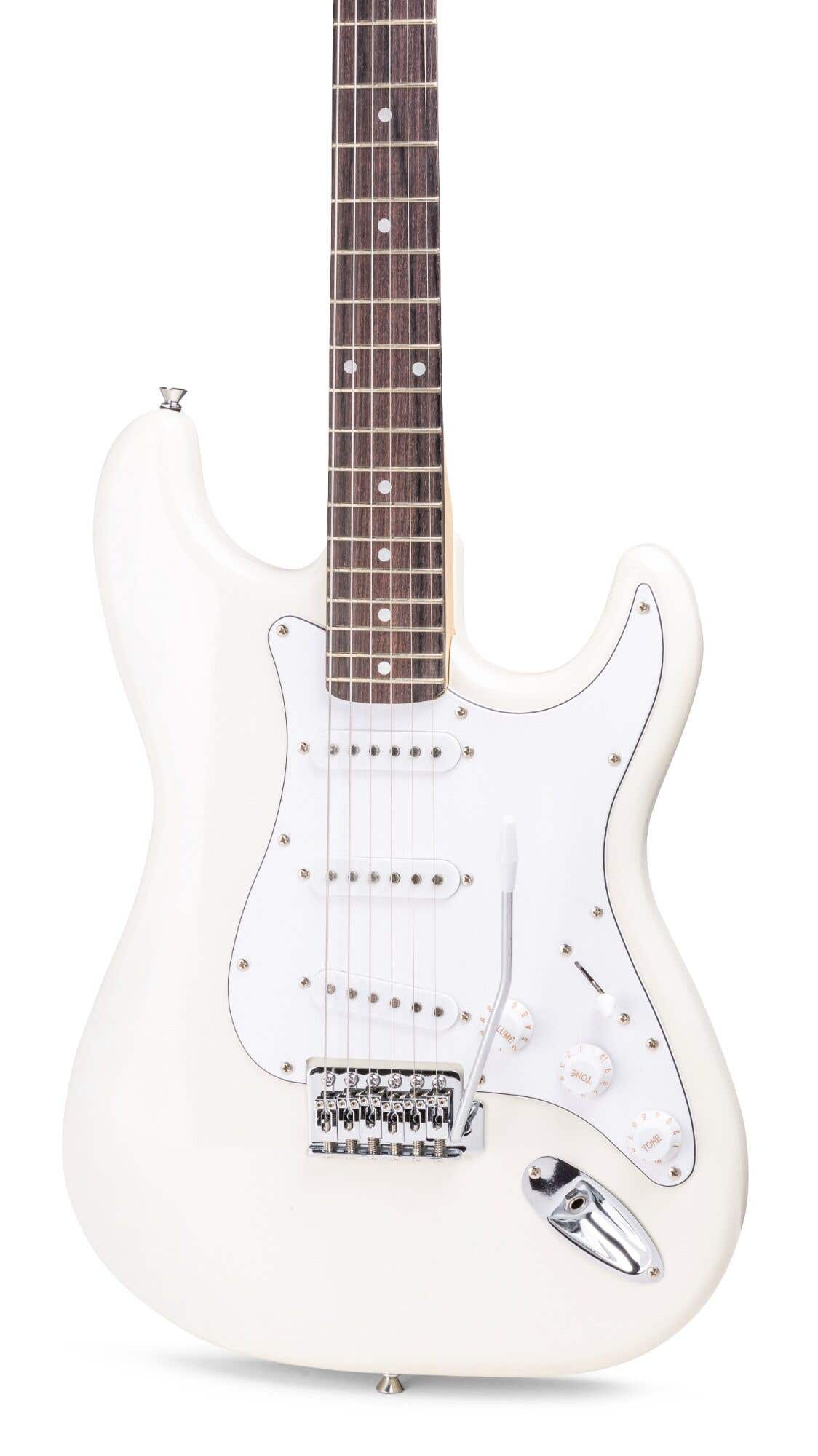 Una guitarra eléctrica blanca con un golpeador blanco, seis cuerdas y un diapasón marrón oscuro. La guitarra está sobre fondo blanco.