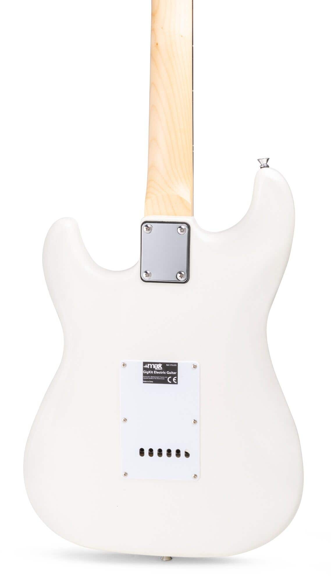 Vista trasera de una guitarra eléctrica blanca. Se ven el mástil de madera y el cuerpo blanco. Hay una placa pequeña y una pegatina.