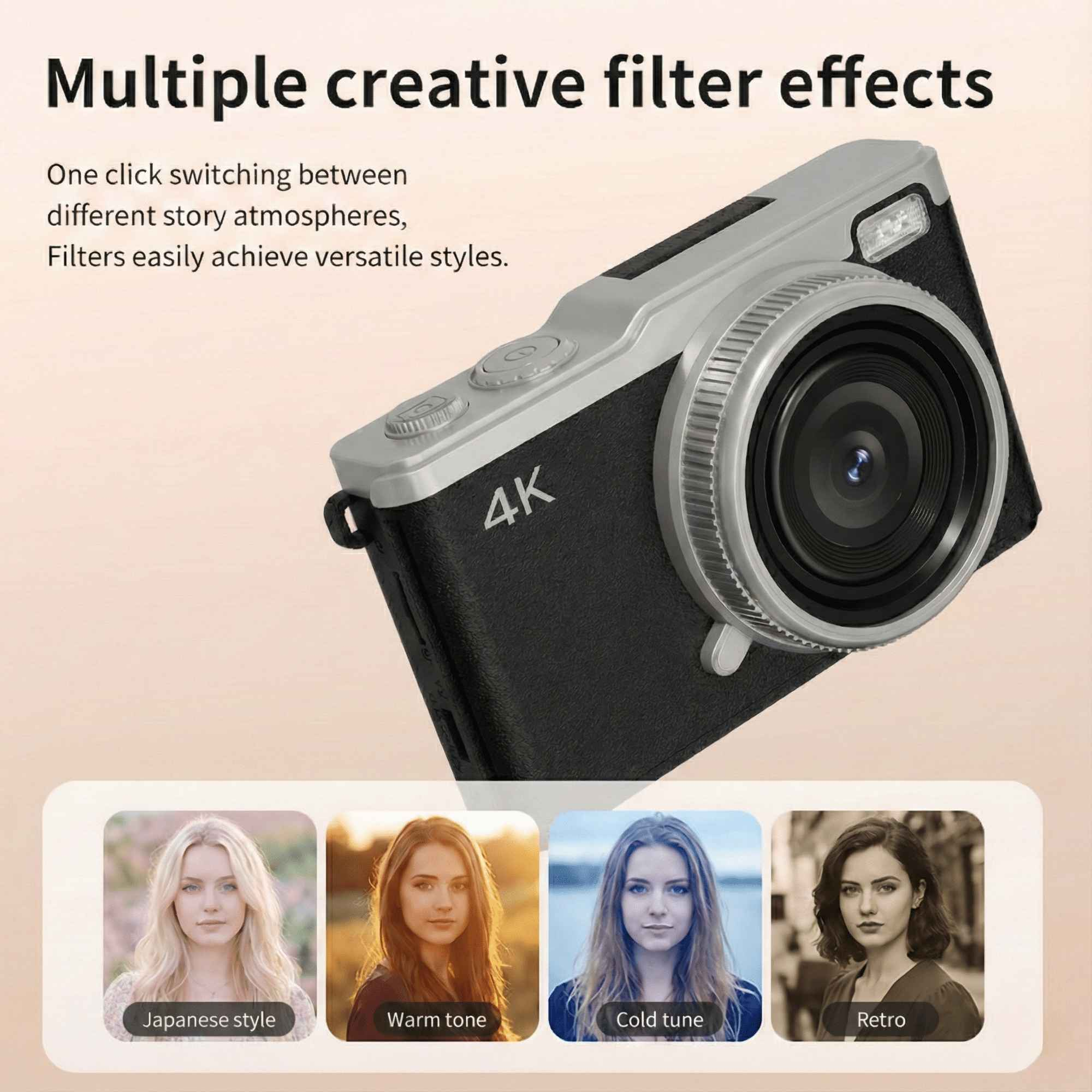 Eine Kamera mit 4K-Schriftzug und vier Porträts in verschiedenen Stilen: Japanisch, warmer Ton, kalter Ton und Retro.