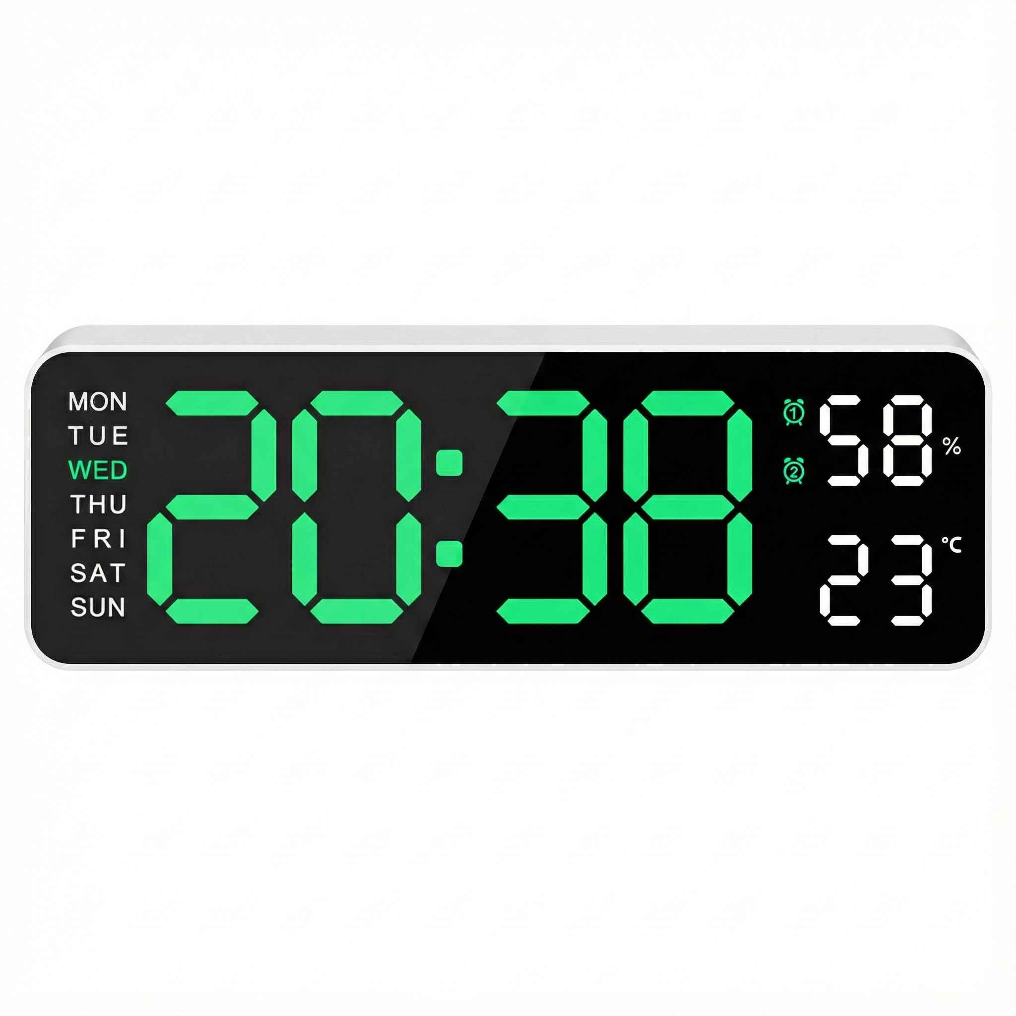 Digitaluhr mit der Anzeige 20:38, 58 % und 23 °C. Die Wochentage sind aufgelistet. Die Uhr hat einen weißen Rahmen und ein schwarzes Zifferblatt.