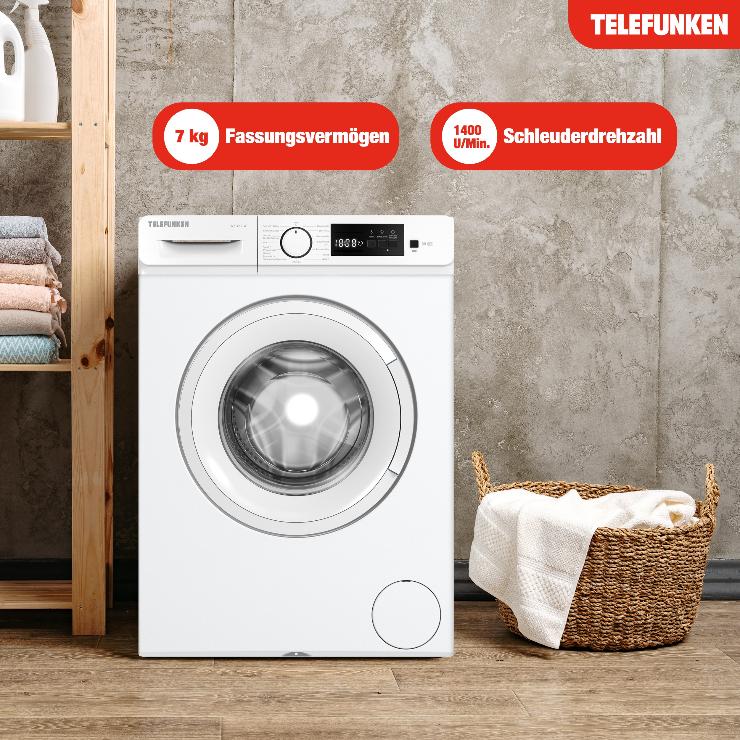 Eine weiße Telefunken Waschmaschine mit einem Korb mit weißen Handtüchern steht auf Holzboden.