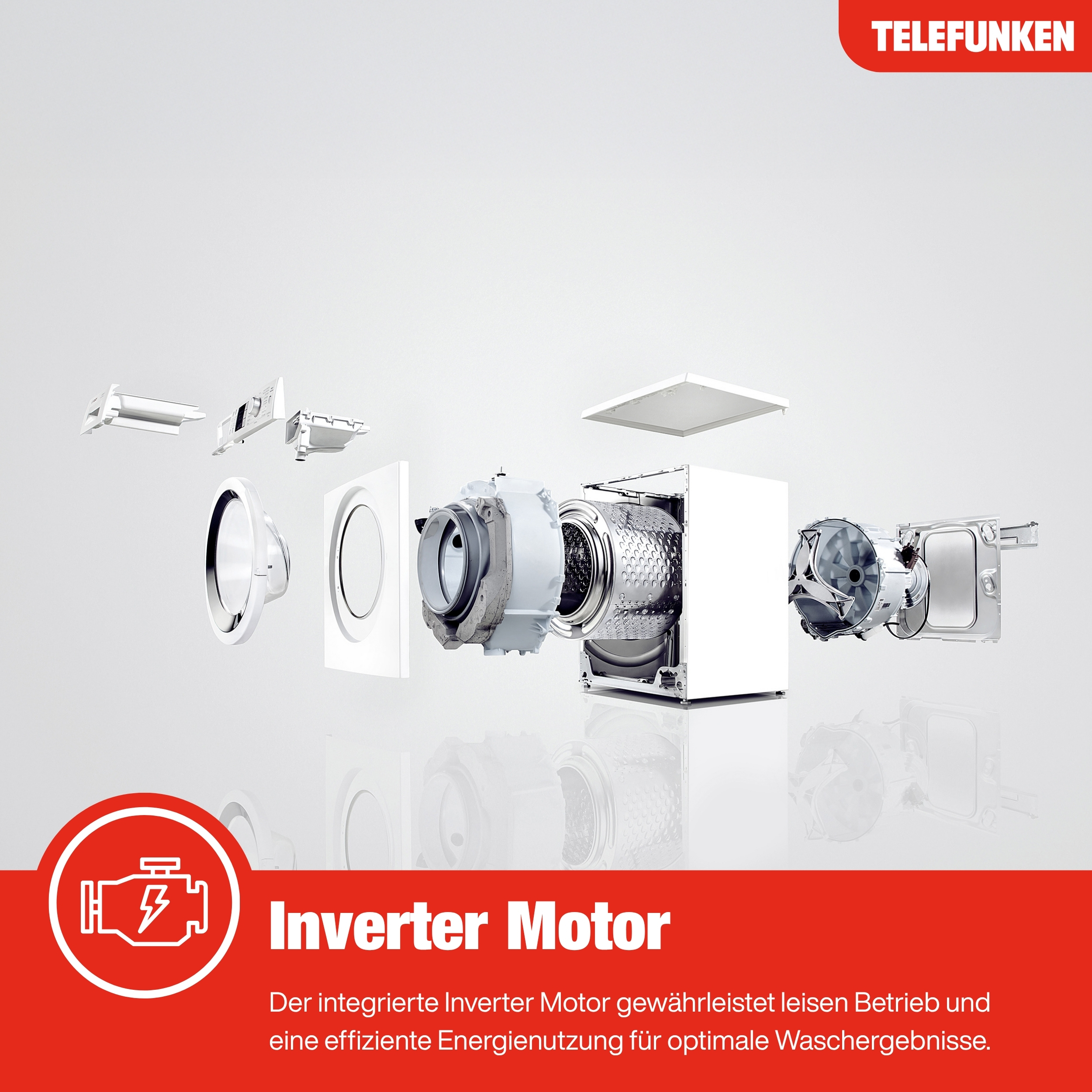 Explosionsansicht einer weißen Waschmaschine mit dem Text 'Inverter Motor' und dem Markennamen 'TELEFUNKEN'.