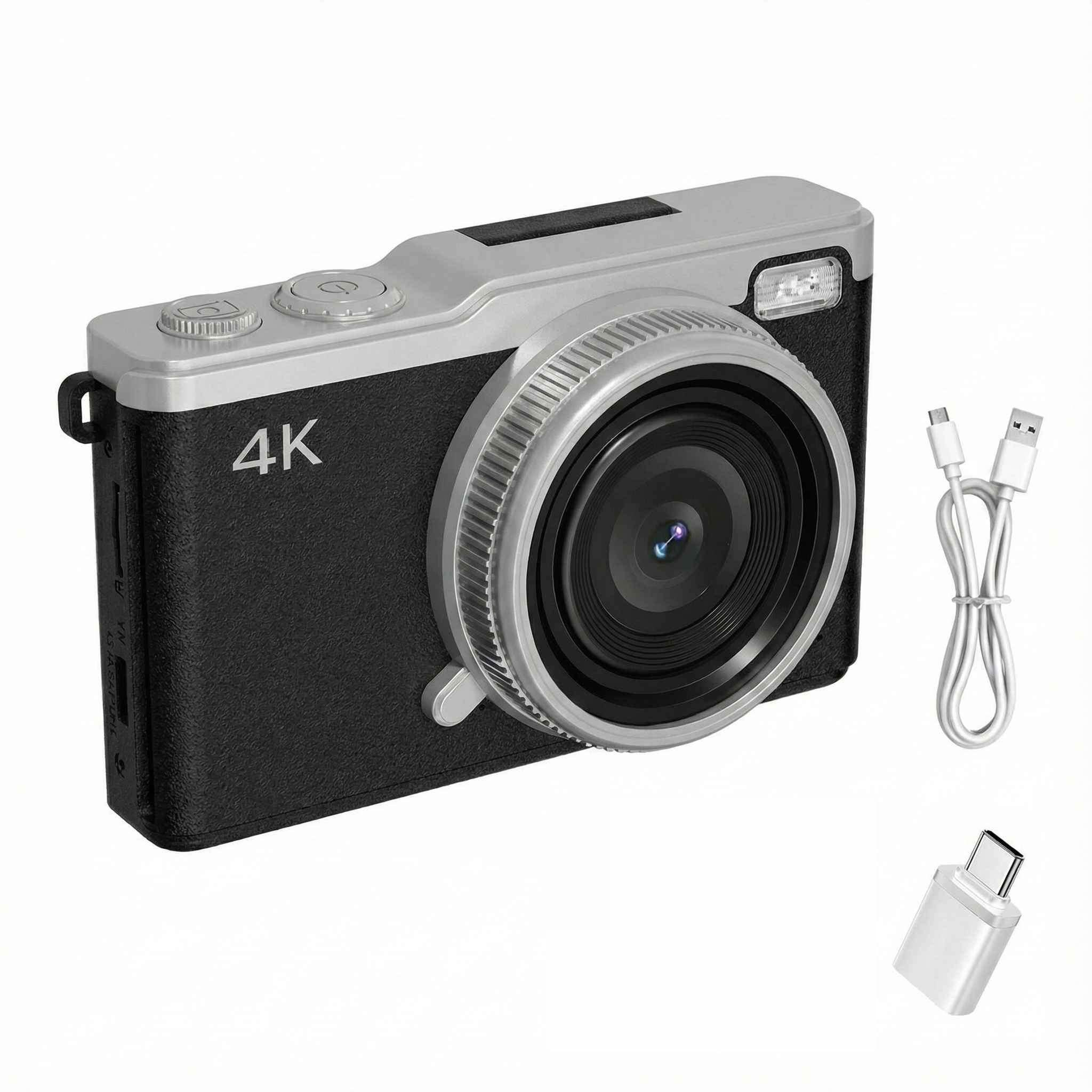 Eine silberne und schwarze 4K-Kamera mit Objektiv, USB-Kabel und USB-C-Adapter auf weißem Hintergrund.