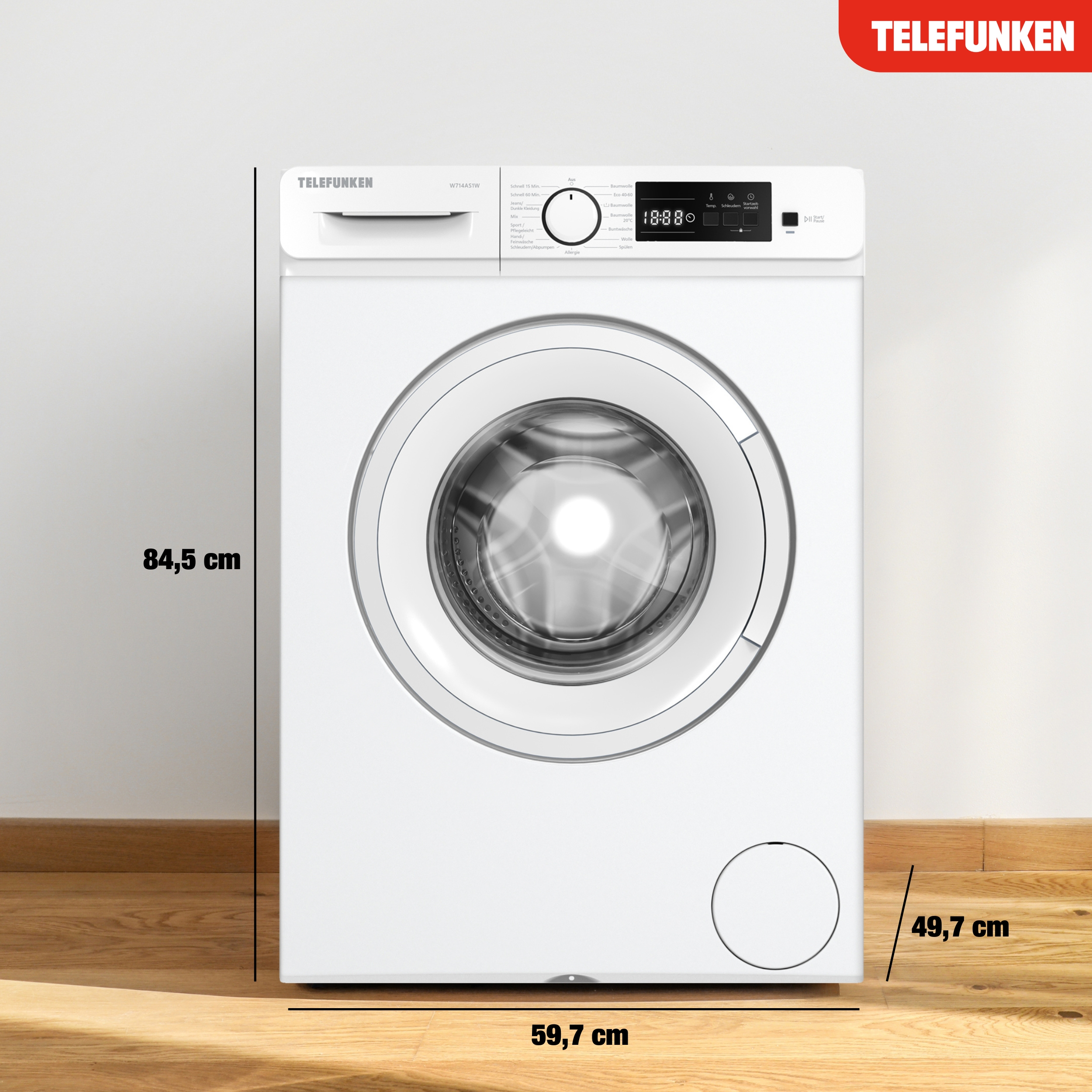 Eine weiße Telefunken Waschmaschine mit runder Tür, Bedienfeld und angezeigten Maßen.