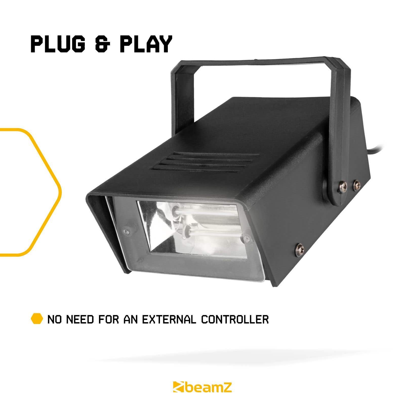 Foco de escenario negro con asa. El texto dice 'PLUG & PLAY' y 'NO NECESITA UN CONTROLADOR EXTERNO'. Logo 'beamz'.