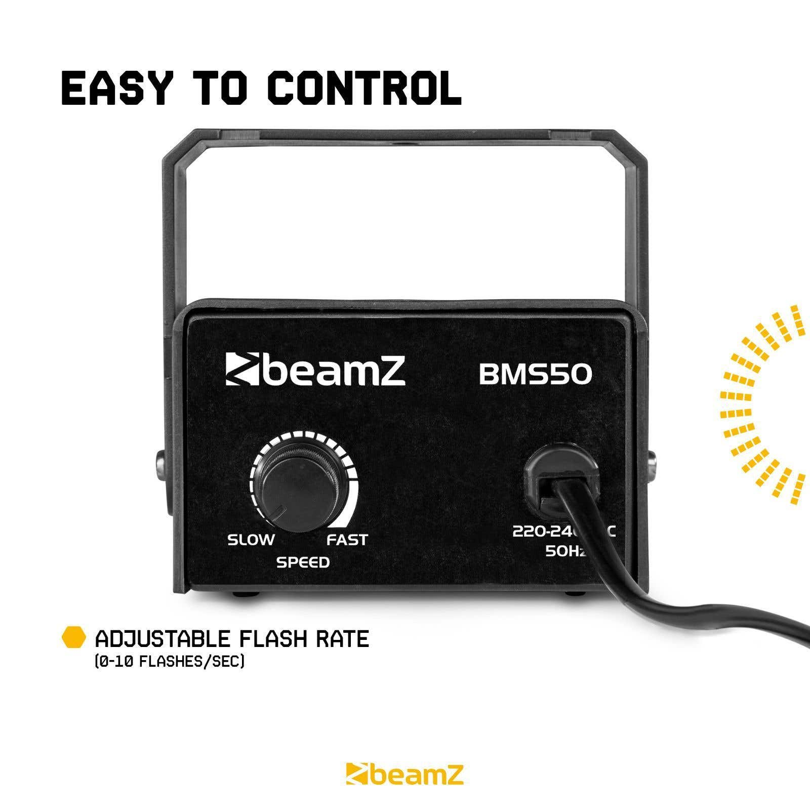 Luz negra Beamz BMS50 con perilla de control Lento/Rápido, entrada de energía y el texto 'Easy to control'.