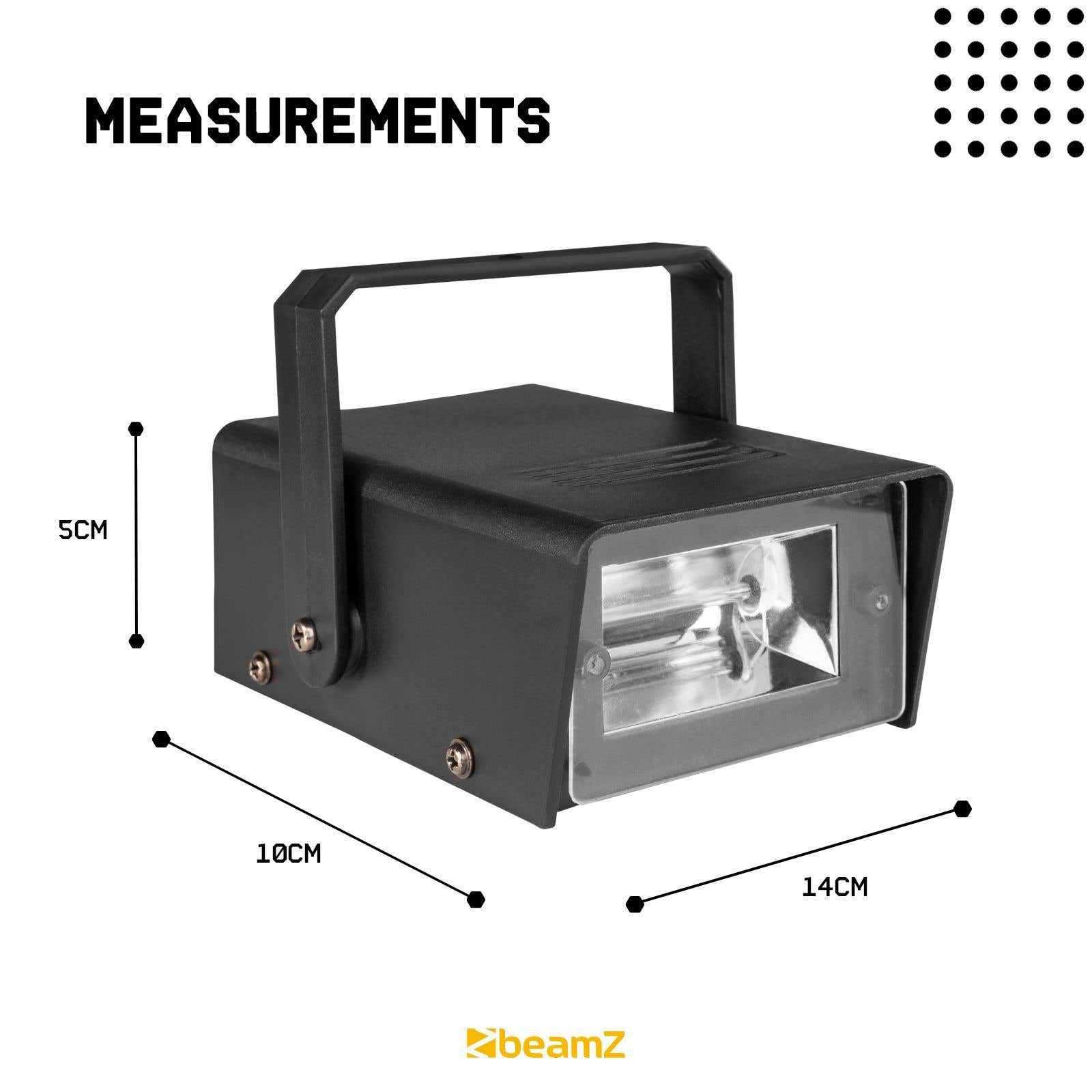 Luz de discoteca negra con asa, medidas 5 cm, 10 cm, 14 cm. Fondo blanco con puntos negros.