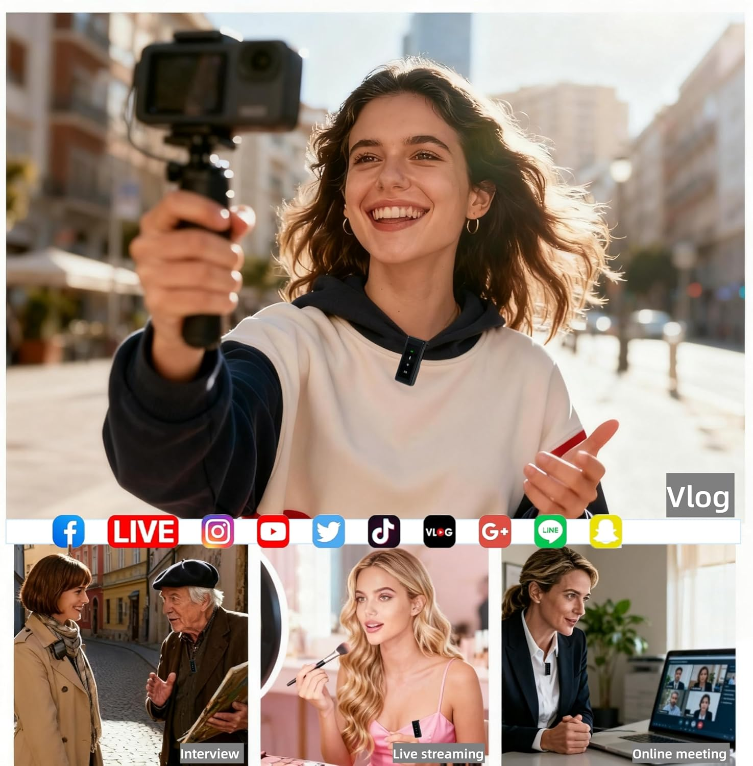 Eine Frau hält eine Kamera und lächelt. Darunter befinden sich Symbole und Bilder von Live-Streaming, Interviews und Online-Meetings.