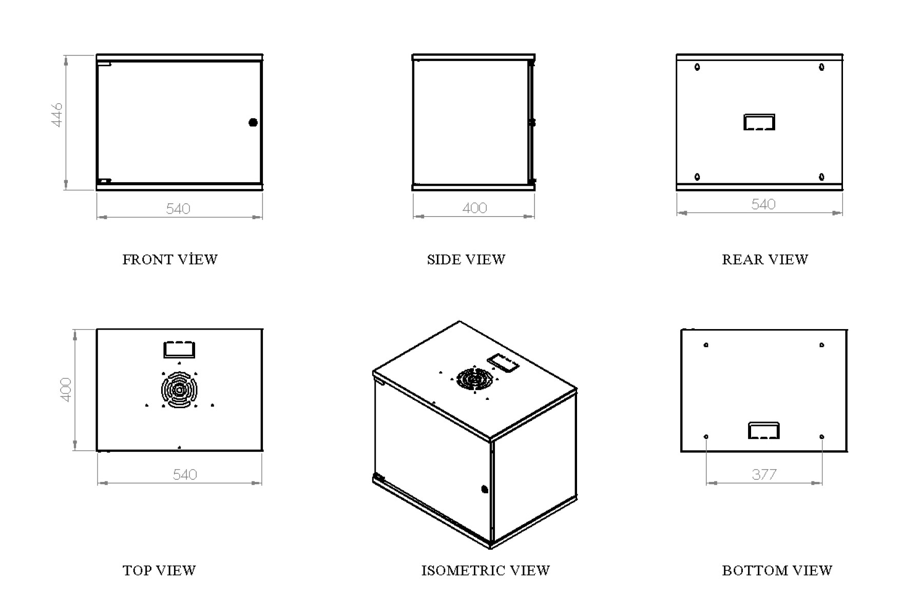 Technische Zeichnung einer rechteckigen Box mit verschiedenen Ansichten: vorne, seitlich, hinten, oben, isometrisch und unten, mit Maßen.