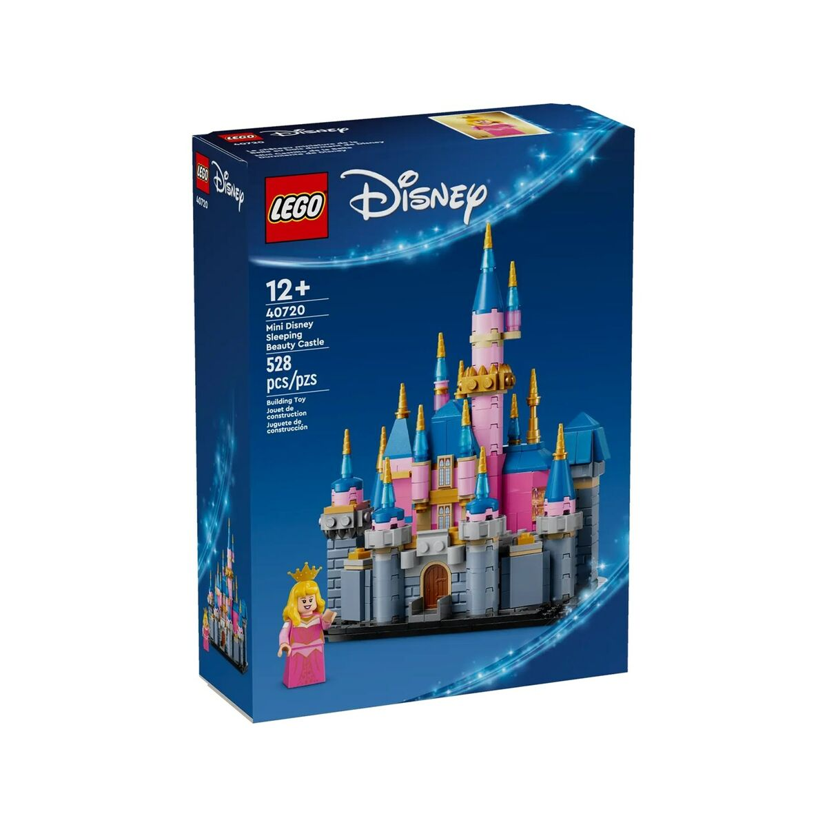 Pudełko zestawu LEGO Disney z różowo-niebieskim zamkiem Śpiącej Królewny. Figurka księżniczki stoi przed pudełkiem. Pudełko ma logo LEGO i Disney.