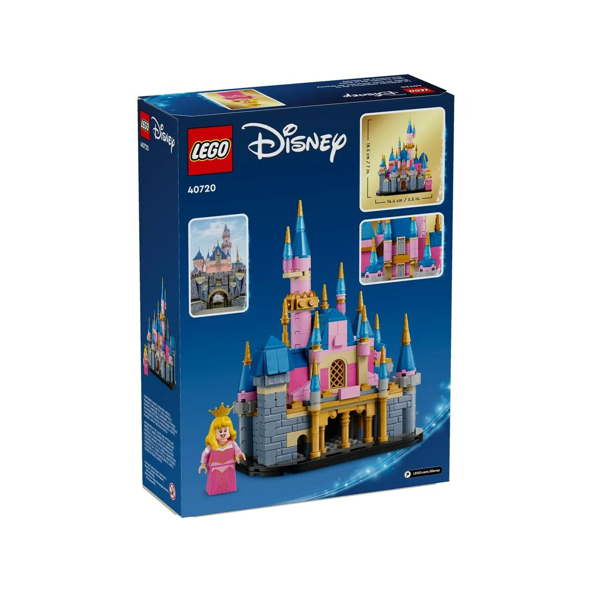 Pudełko zestawu LEGO Disney. Zawiera zamek, księżniczkę Aurorę oraz logo LEGO i Disney na niebieskim tle.