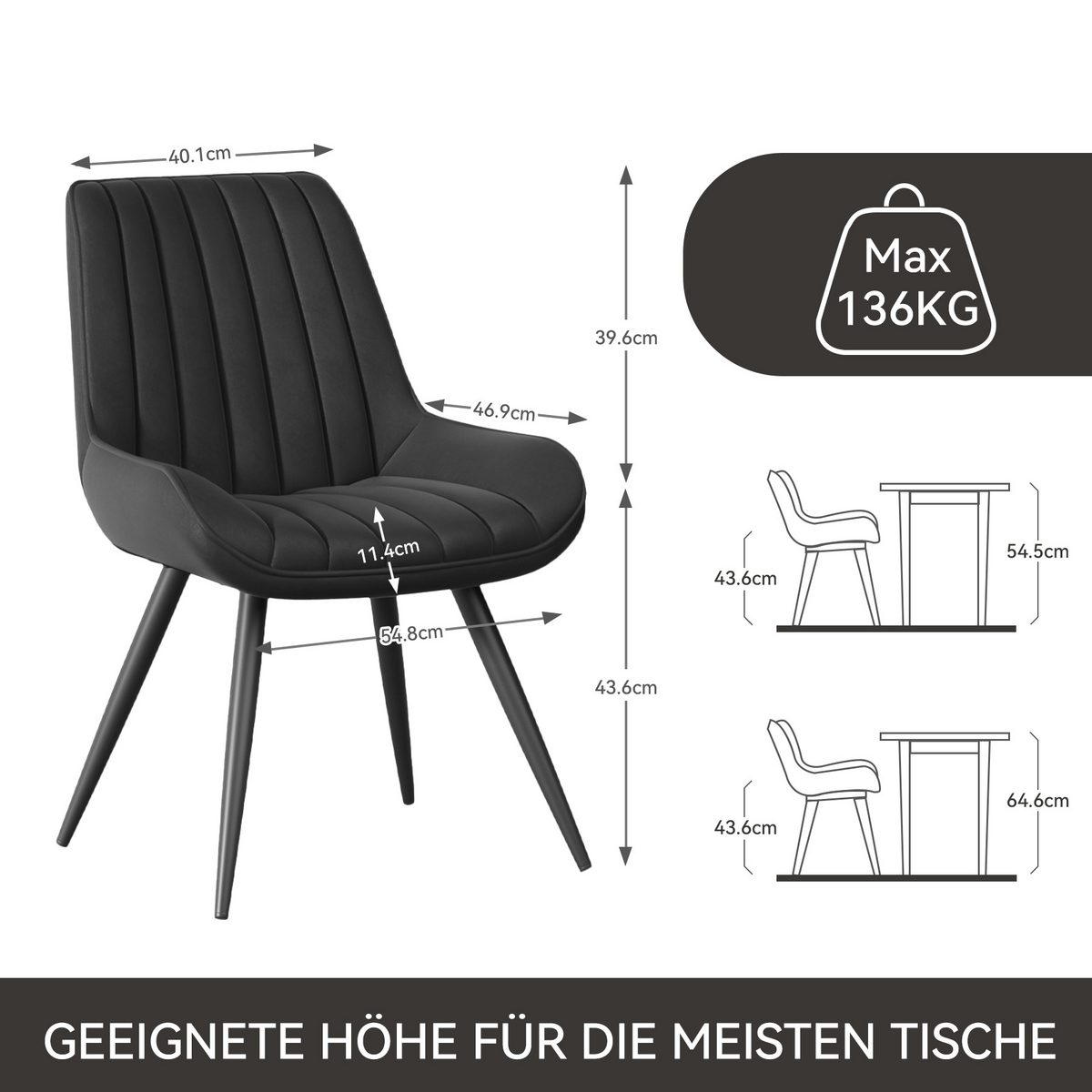 Schwarzer Stuhl mit Maßen, max. Gewicht 136 kg. Zusätzliche Diagramme zeigen Stuhl- und Tischabmessungen.
