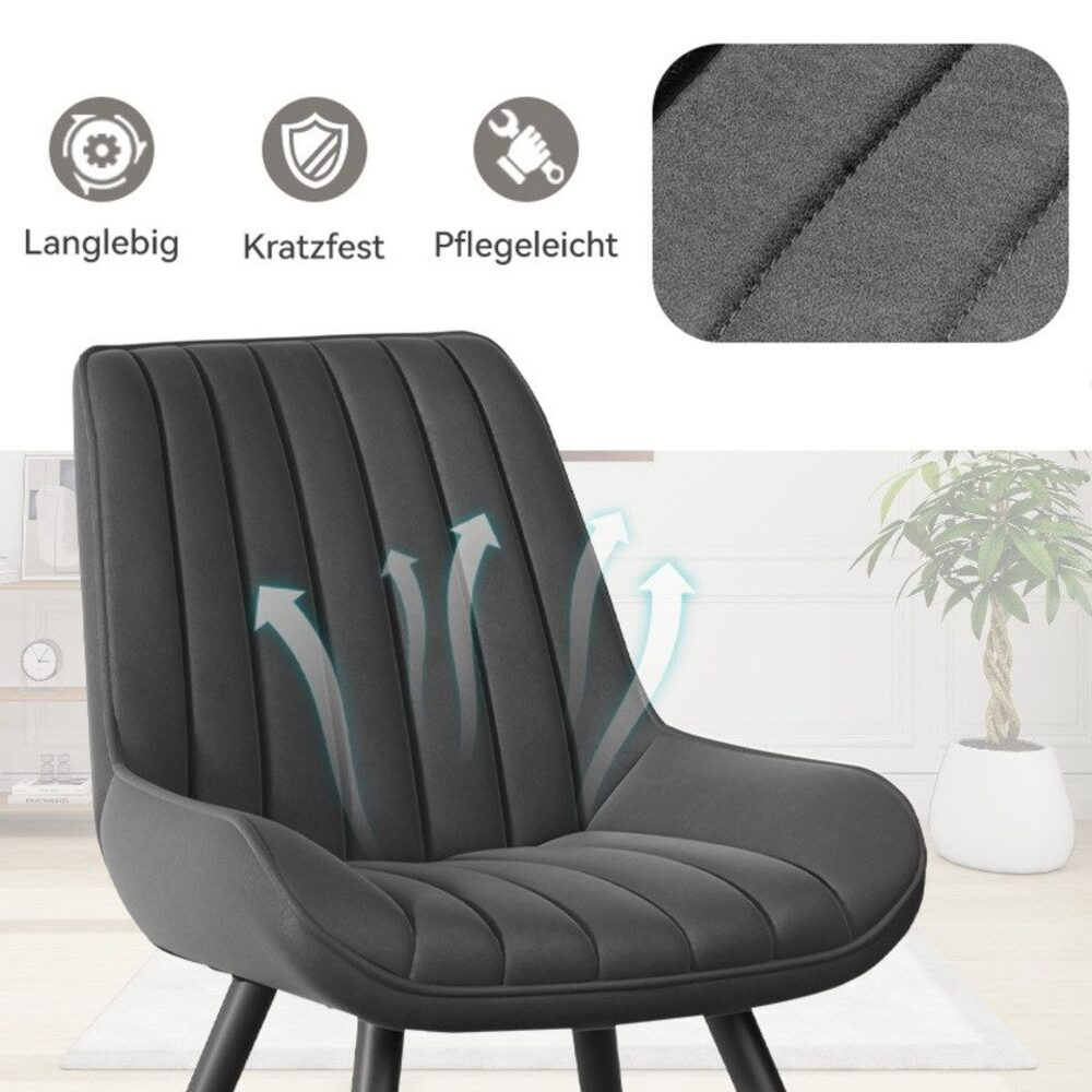 Ein grauer Stuhl mit vertikalen Steppnähten. Pfeile zeigen die Atmungsaktivität an. Symbole für Haltbarkeit, Kratzfestigkeit und Pflegeleichtigkeit.