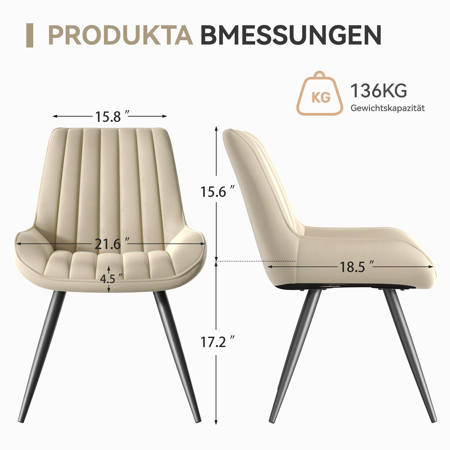 Das Bild zeigt Stuhlabmessungen. Beiger Stuhl mit schwarzen Beinen. 136 kg Tragfähigkeit.