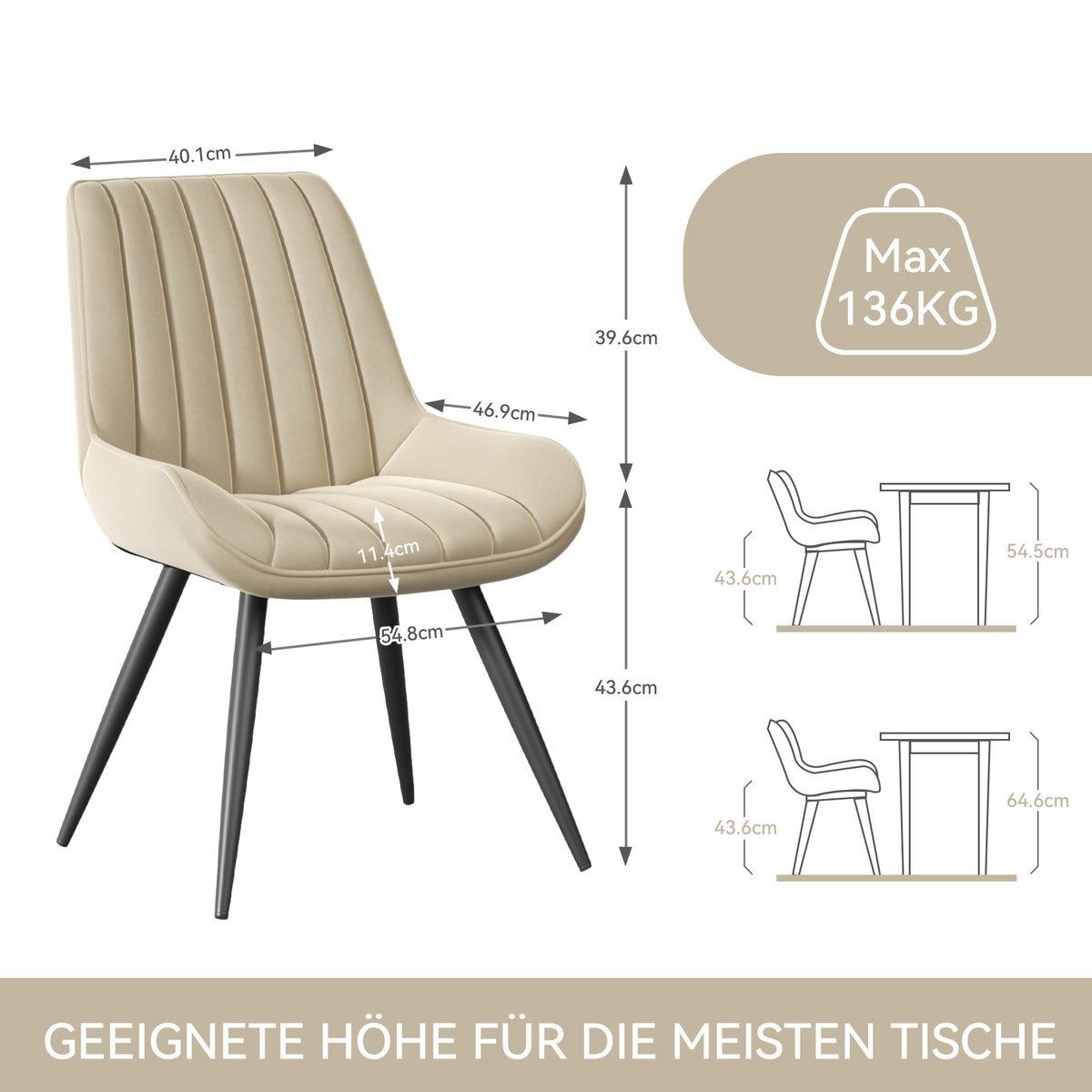 Beiger Stuhl mit schwarzen Beinen. Abmessungen sind angegeben. Max. Gewicht 136 kg. Geeignete Höhe für die meisten Tische.