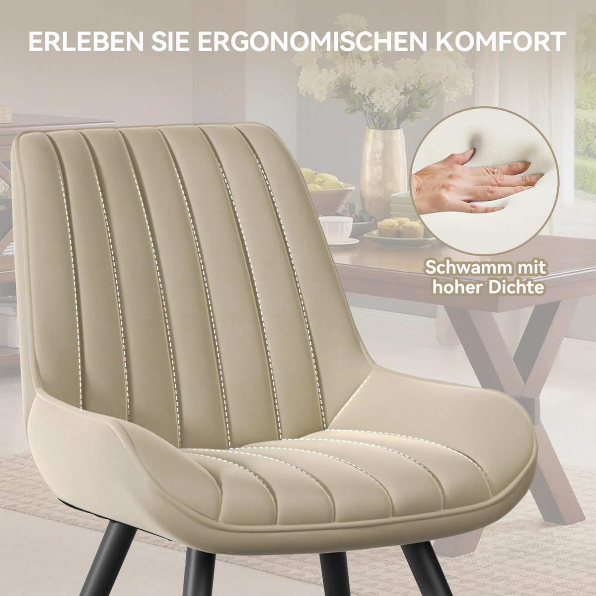 Beiger Stuhl mit schwarzen Beinen. Die Rückenlehne hat vertikale Steppnähte. Eine Hand drückt auf ein Kissen.