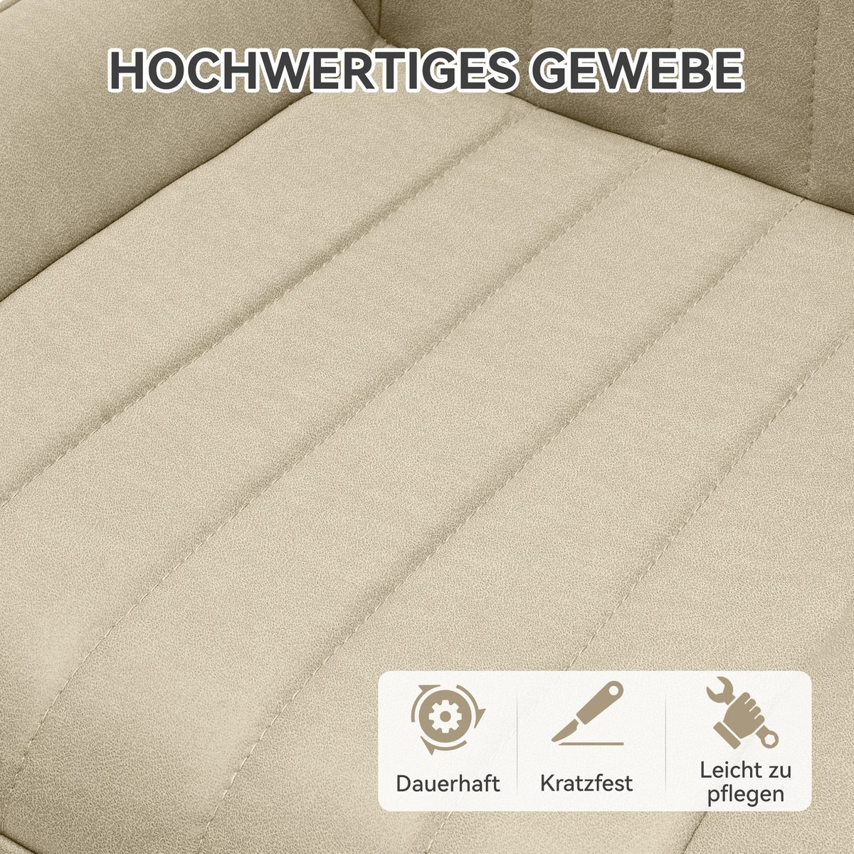 Nahaufnahme eines beigen Stoffes mit genähten Linien. Unten zeigen Symbole Haltbarkeit, Kratzfestigkeit und Pflegeleichtigkeit.