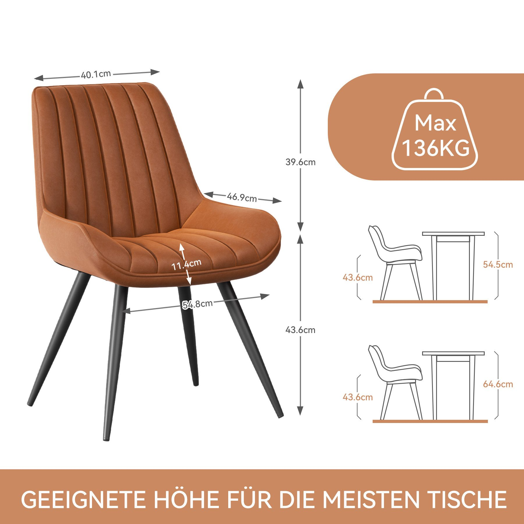 Ein orangefarbener Stuhl mit schwarzen Beinen. Abmessungen sind angegeben. Max. Gewicht 136 kg. Text: Geeignete Höhe für die meisten Tische.