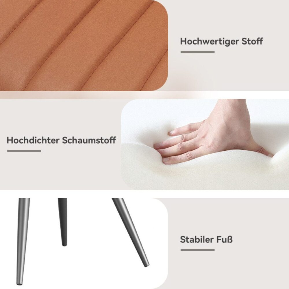 Das Bild zeigt Nahaufnahmen: brauner Stoff, eine Hand, die weißen Schaumstoff drückt, und metallische Stuhlbeine. Textbeschriftungen beschreiben die Teile.