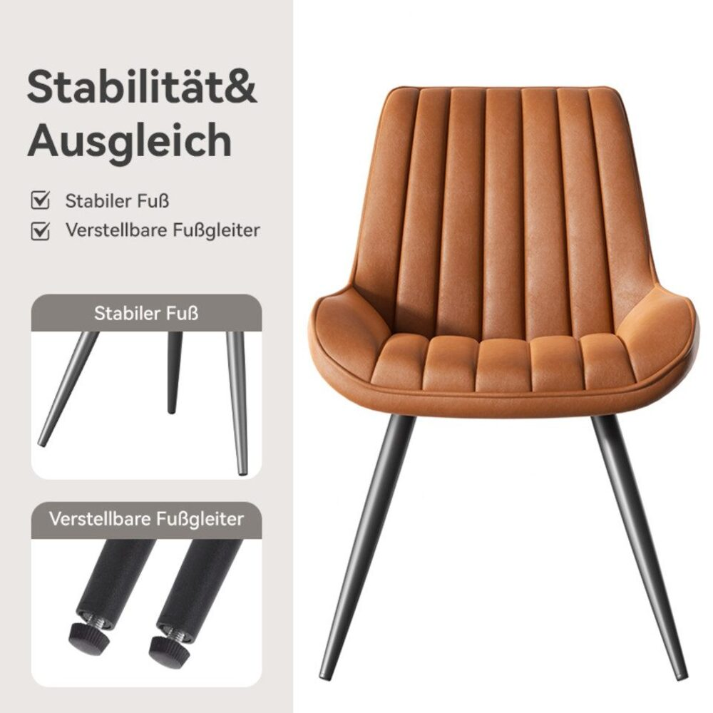 Ein brauner Lederstuhl mit schwarzen Beinen. Text links zeigt 'Stabilität & Ausgleich' und Merkmale wie 'Stabile Füße'.