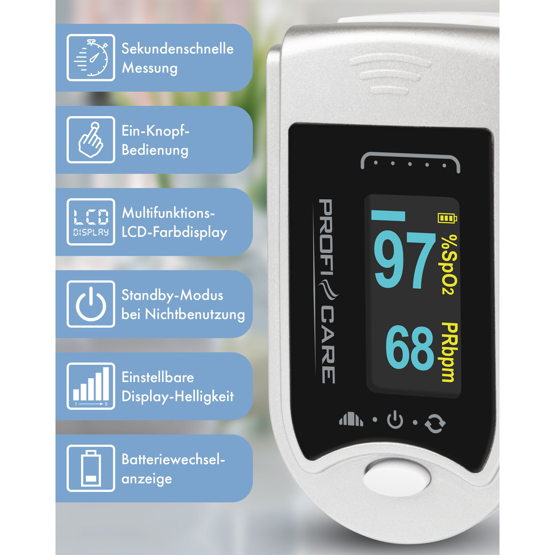 Ein Pulsoximeter zeigt eine Sauerstoffsättigung von 97 % und eine Pulsfrequenz von 68 bpm an. Es hat ein Display und Funktionssymbole.