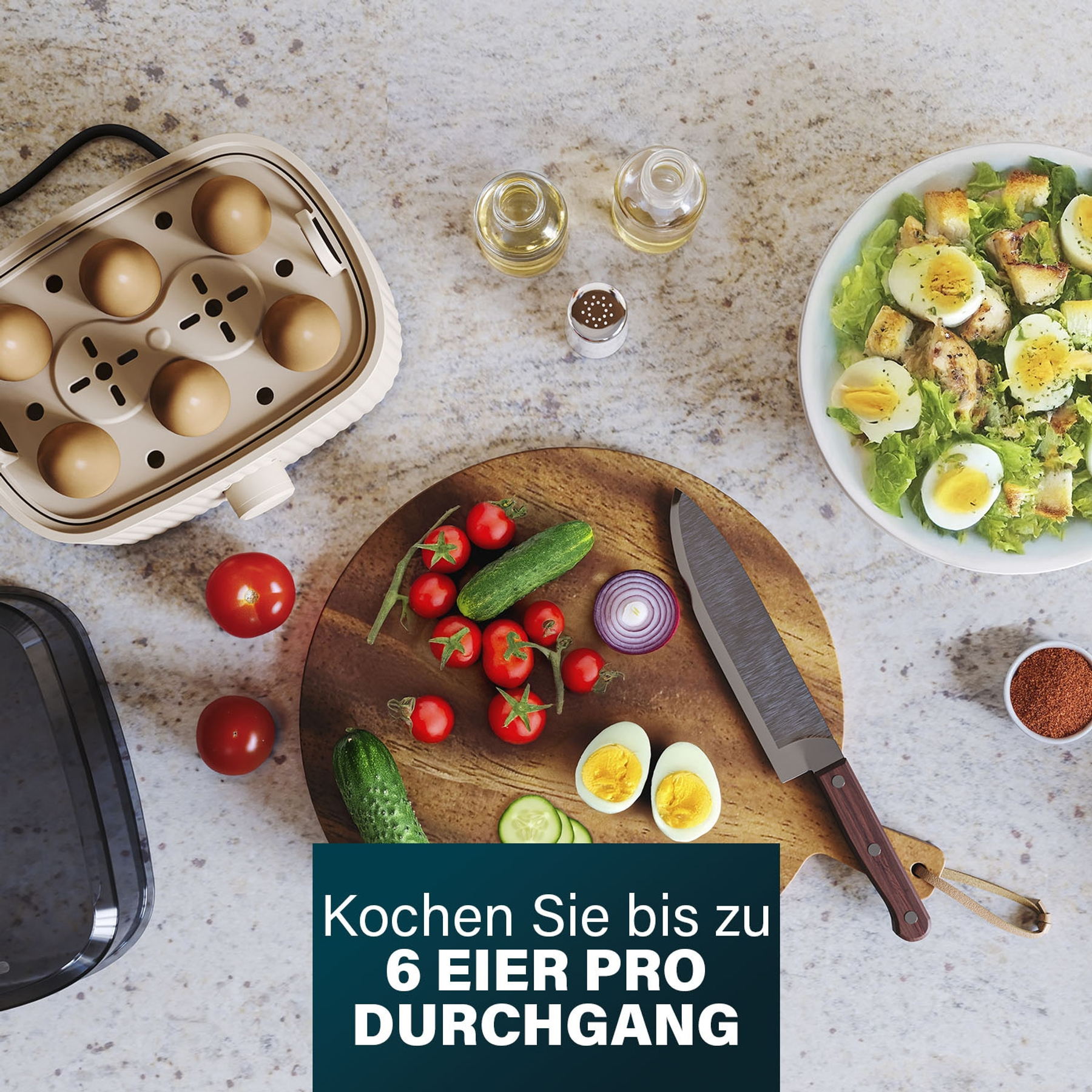 Widok z góry na scenę kuchenną z jajkami, warzywami, przyborami kuchennymi i sałatką.