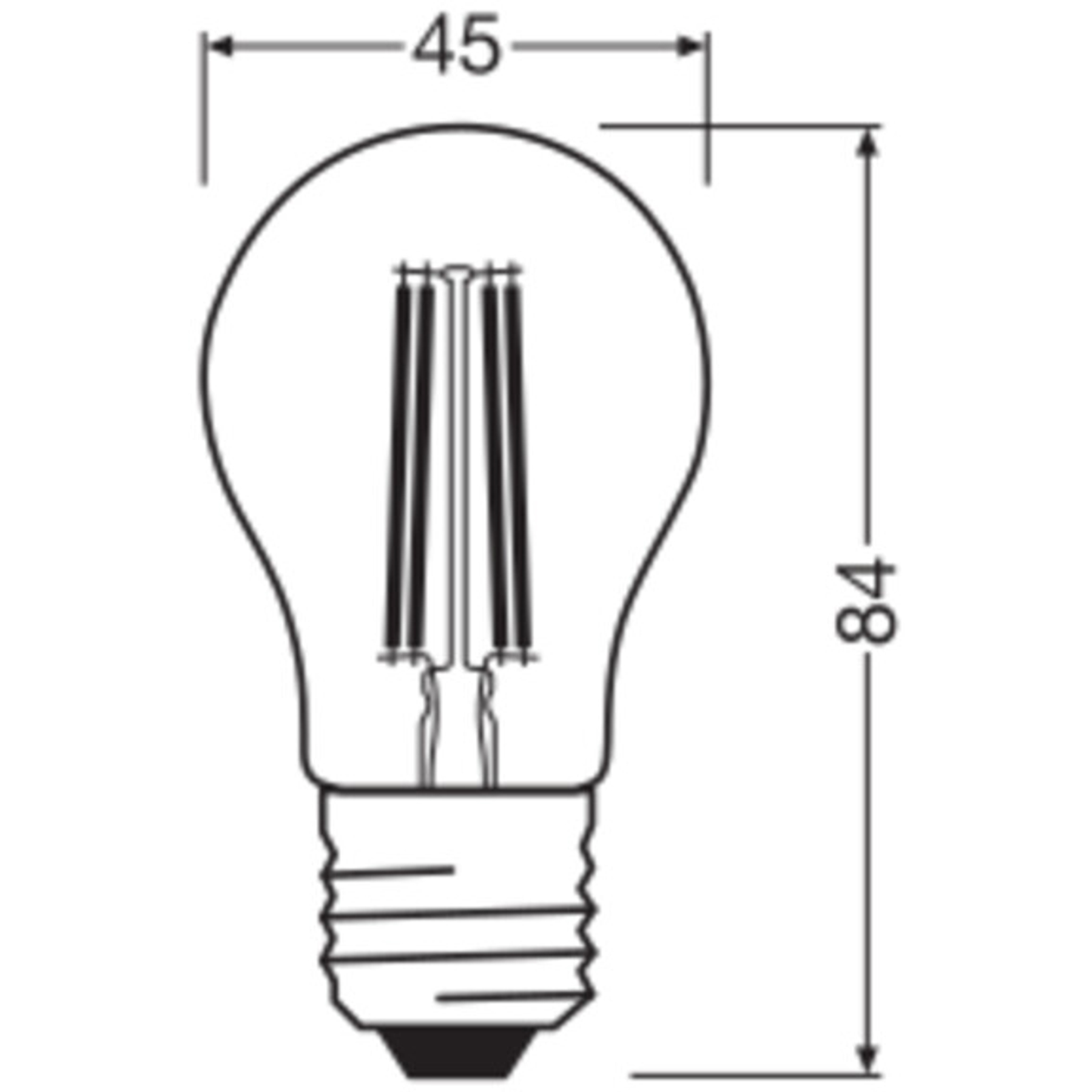 Uno schema di una lampadina che mostra le dimensioni. La lampadina è larga 45 mm e alta 84 mm. Sono visibili i filamenti interni.