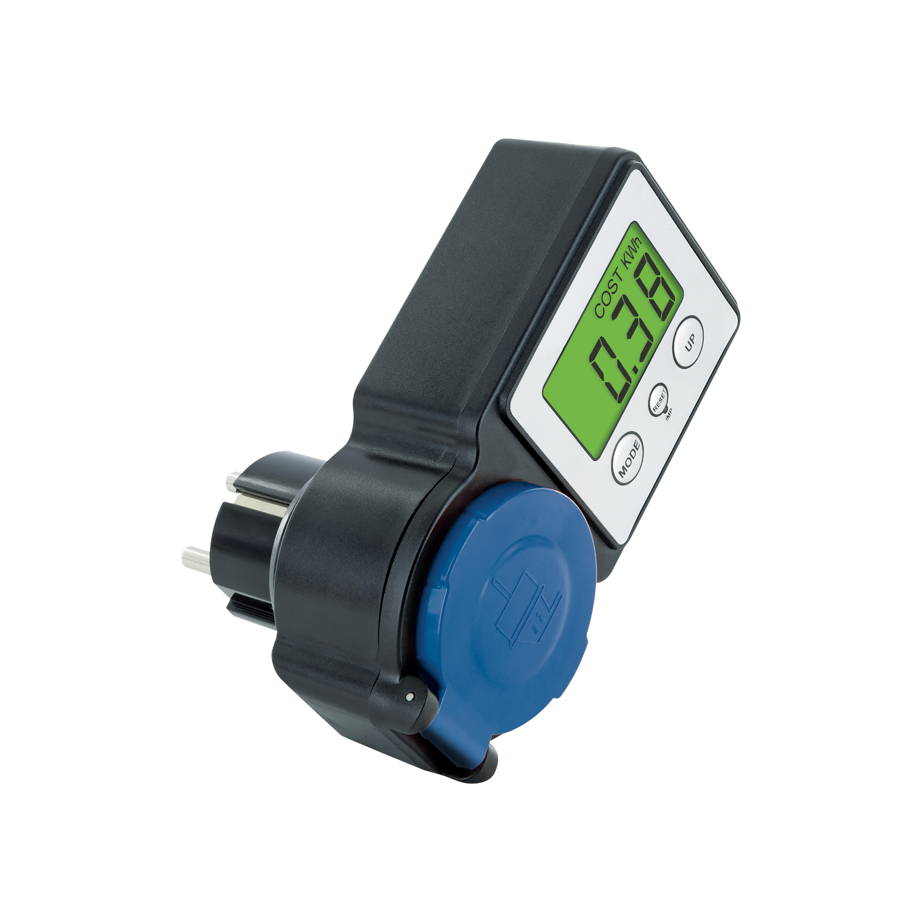Ein Energiemessgerät mit Digitalanzeige, die 0,38 kWh anzeigt. Es hat ein schwarzes Gehäuse und eine blaue Abdeckung. Der Stecker ist schwarz.