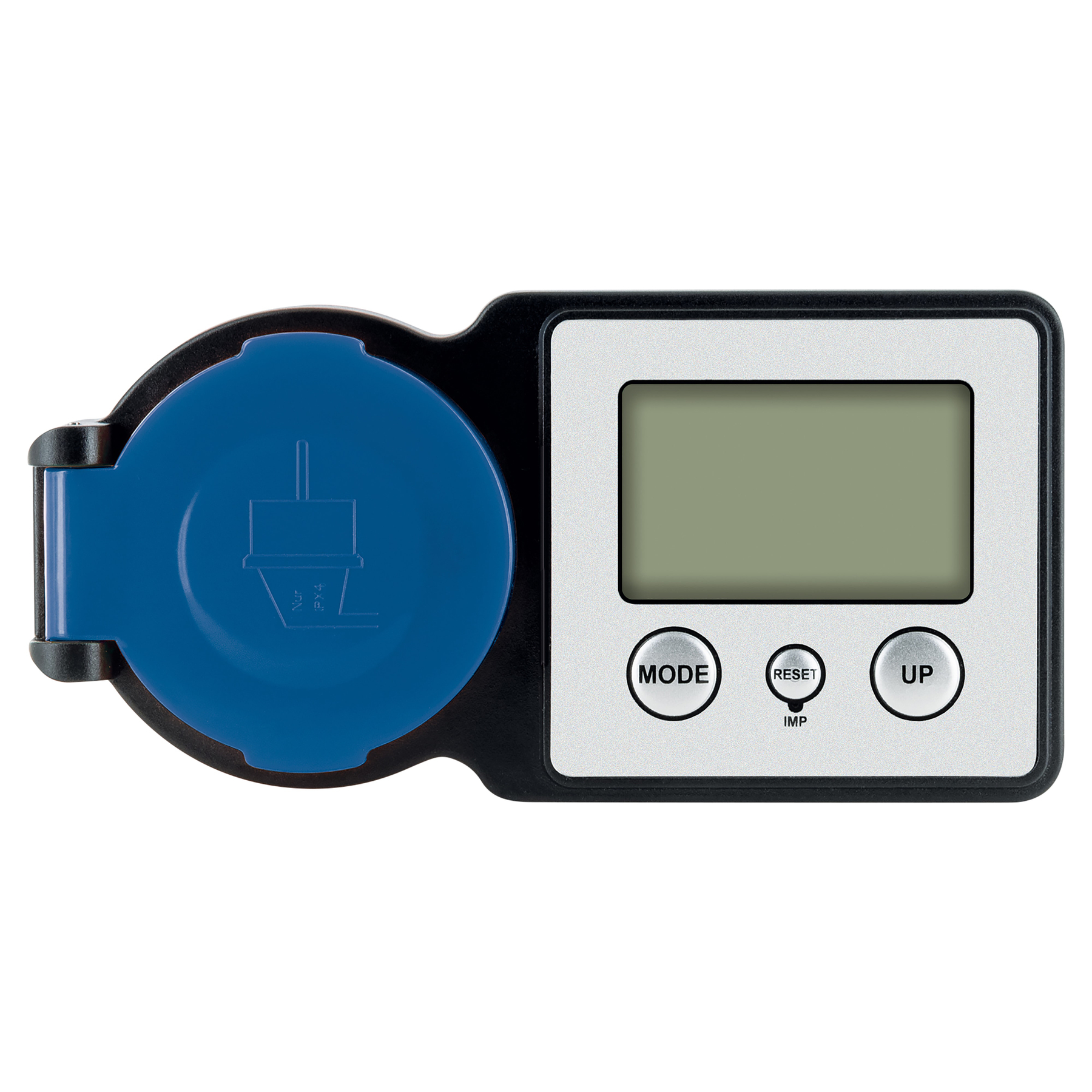 Gerät mit blauem Deckel und Digitalanzeige mit den Tasten MODE, RESET und UP. Schwarz-Silber-Farbschema.