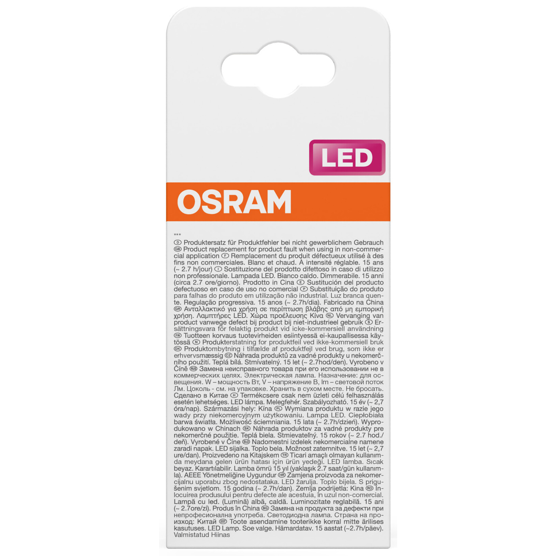 Confezione bianca con logo OSRAM arancione e testo LED rosa. Testo in più lingue.