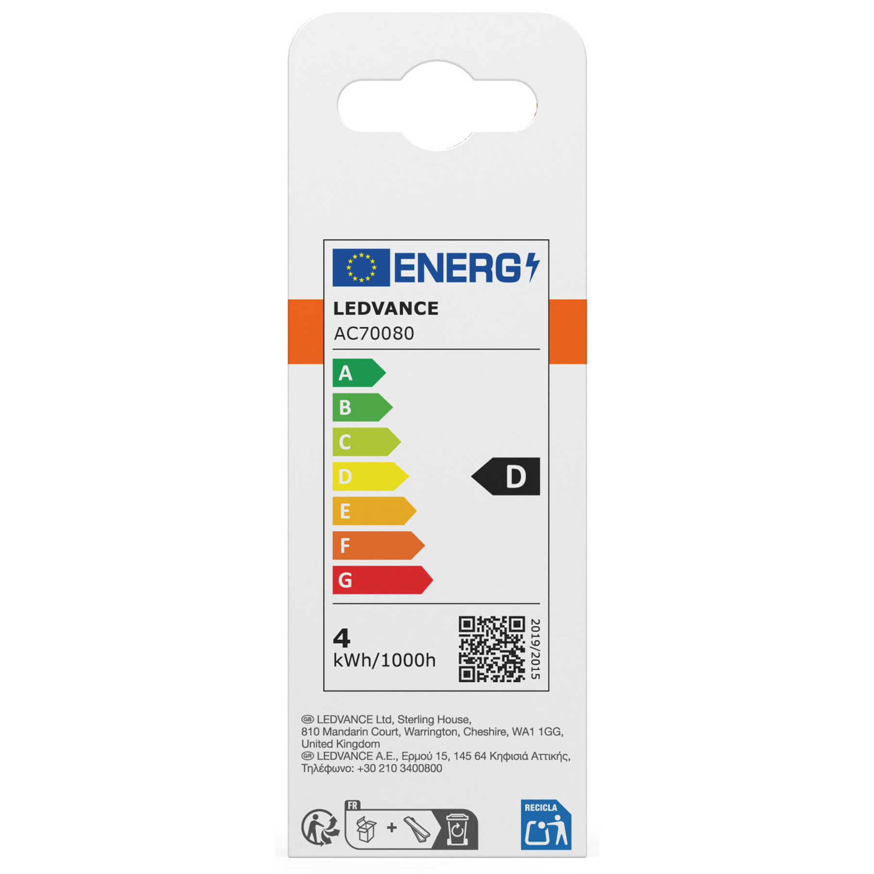 Un paquete blanco con una etiqueta de eficiencia energética. Muestra una calificación 'D' y la marca 'LEDVANCE'.