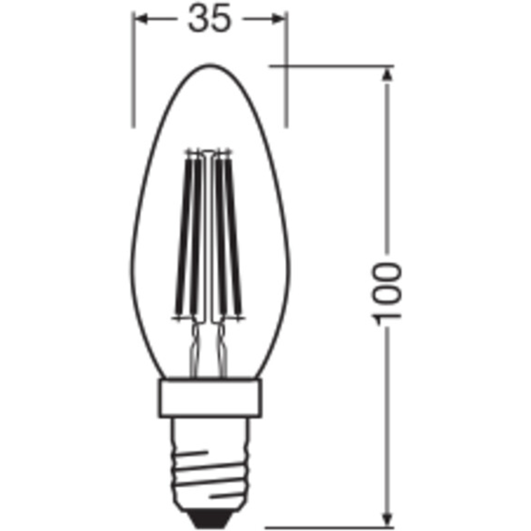 Diagrama de una bombilla, con dimensiones. La bombilla es ovalada, con filamentos internos y base de rosca. Dimensiones: 35 mm x 100 mm.