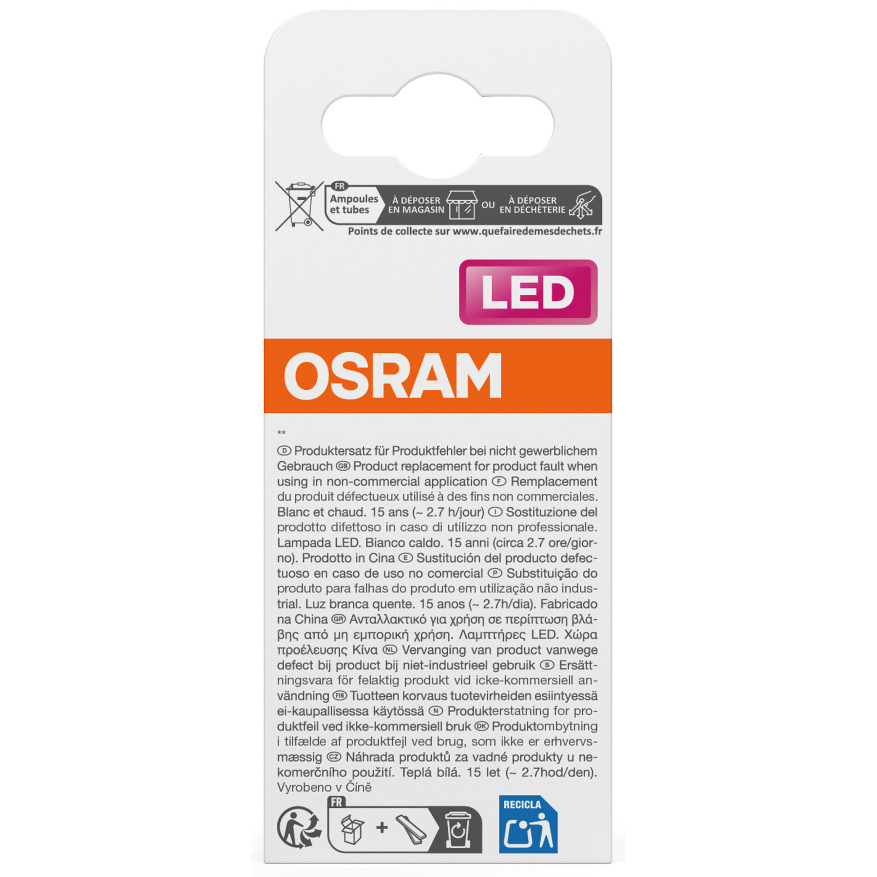 LED OSRAM-Glühbirnenverpackung mit Recyclingsymbolen. Text in mehreren Sprachen, mit orangefarbenen und rosa Details.