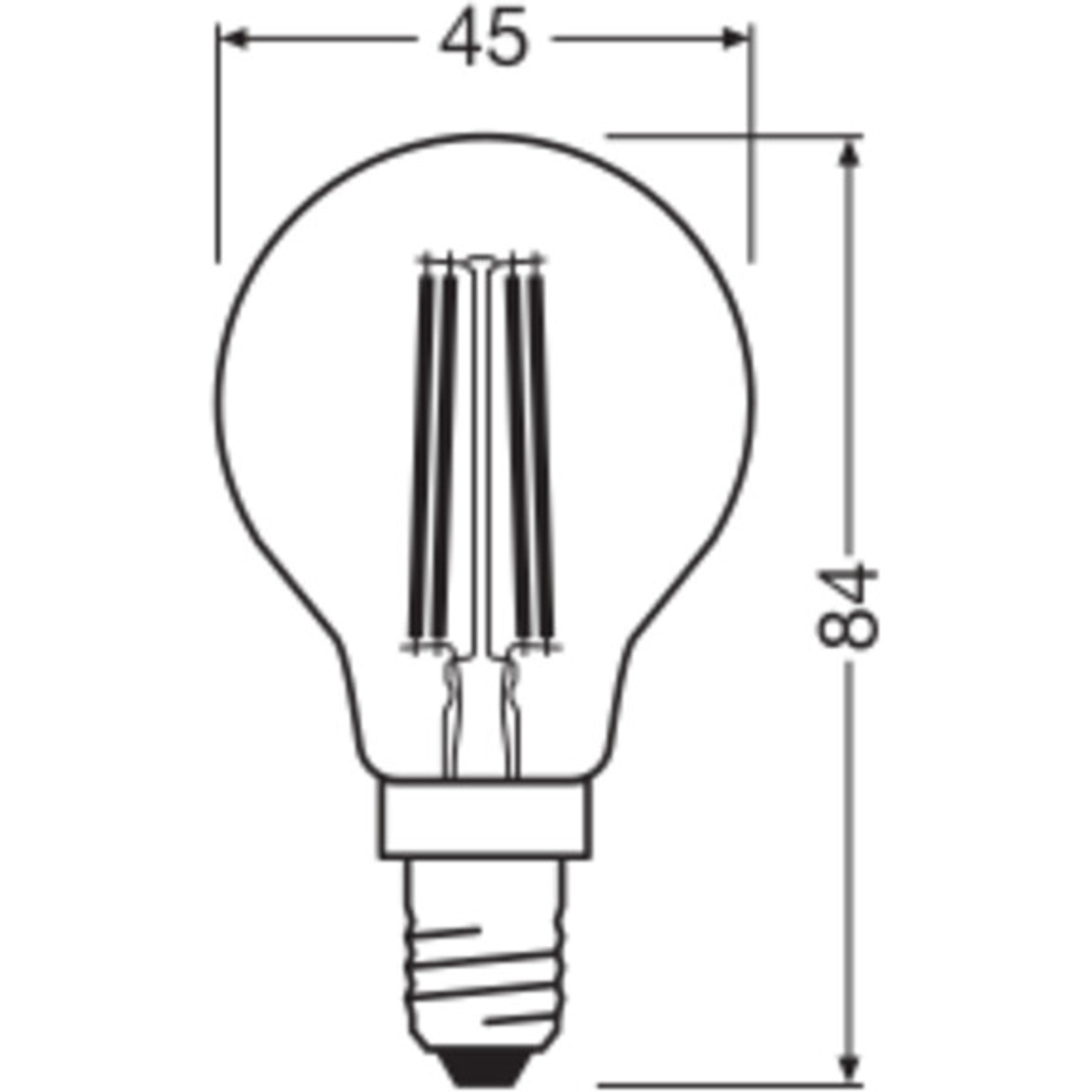 Eine Strichzeichnung einer Glühbirne mit den Maßen 45 mm x 84 mm. Sie hat vertikale Filamente und einen Schraubsockel.