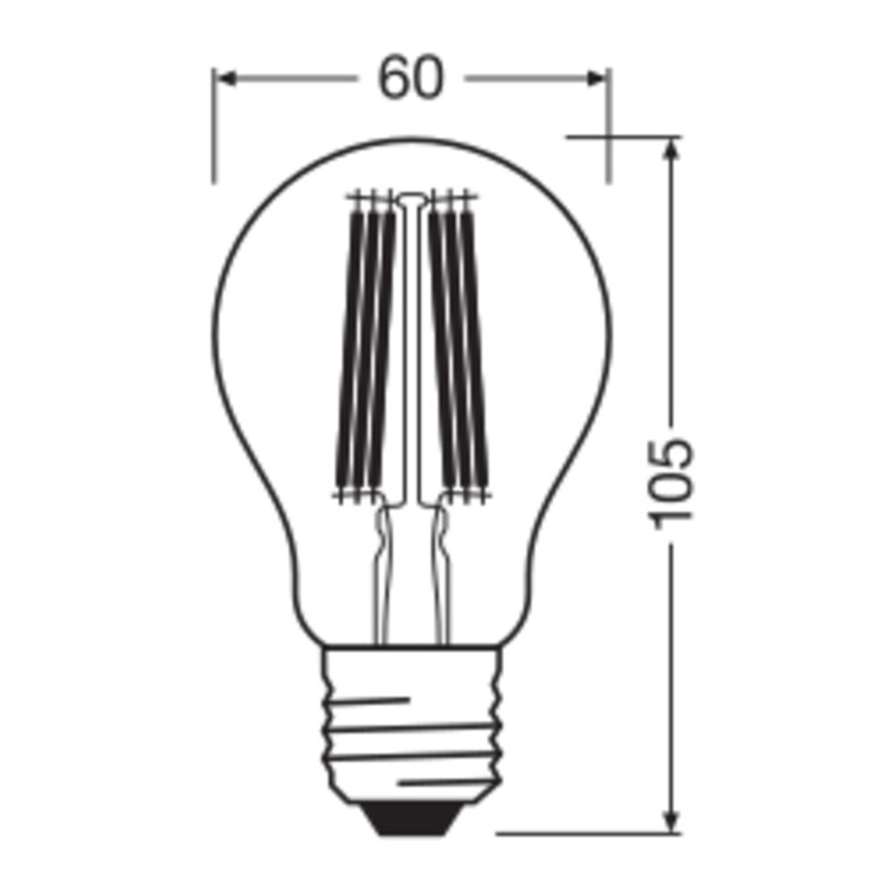 Diagramm einer LED-Glühbirne mit den Maßen: 60 mm breit und 105 mm hoch. Zeigt die innere Struktur der Glühbirne.