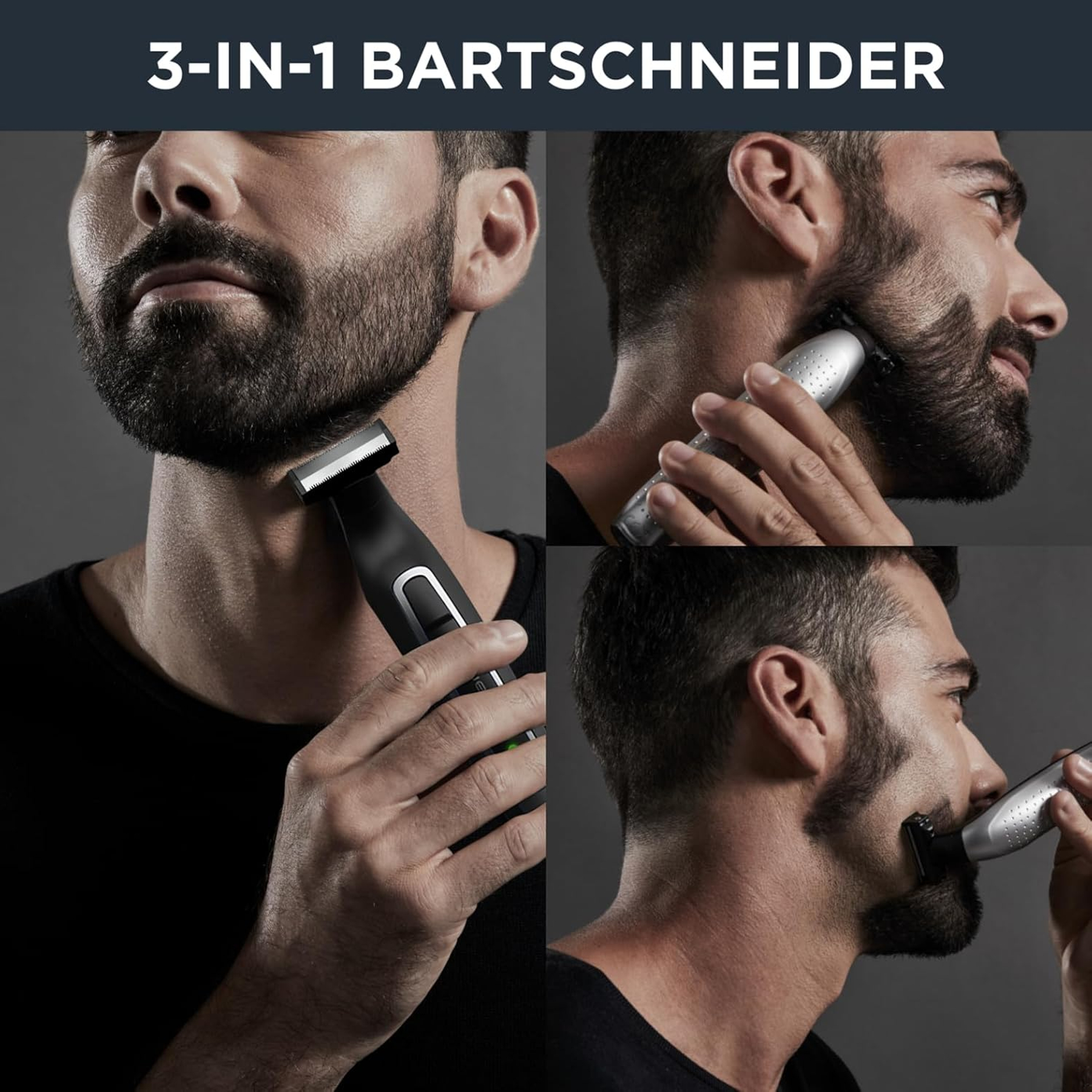 Mężczyzna goli brodę trymerem 3 w 1. Obraz przedstawia zbliżenia twarzy mężczyzny i użycie trymera.