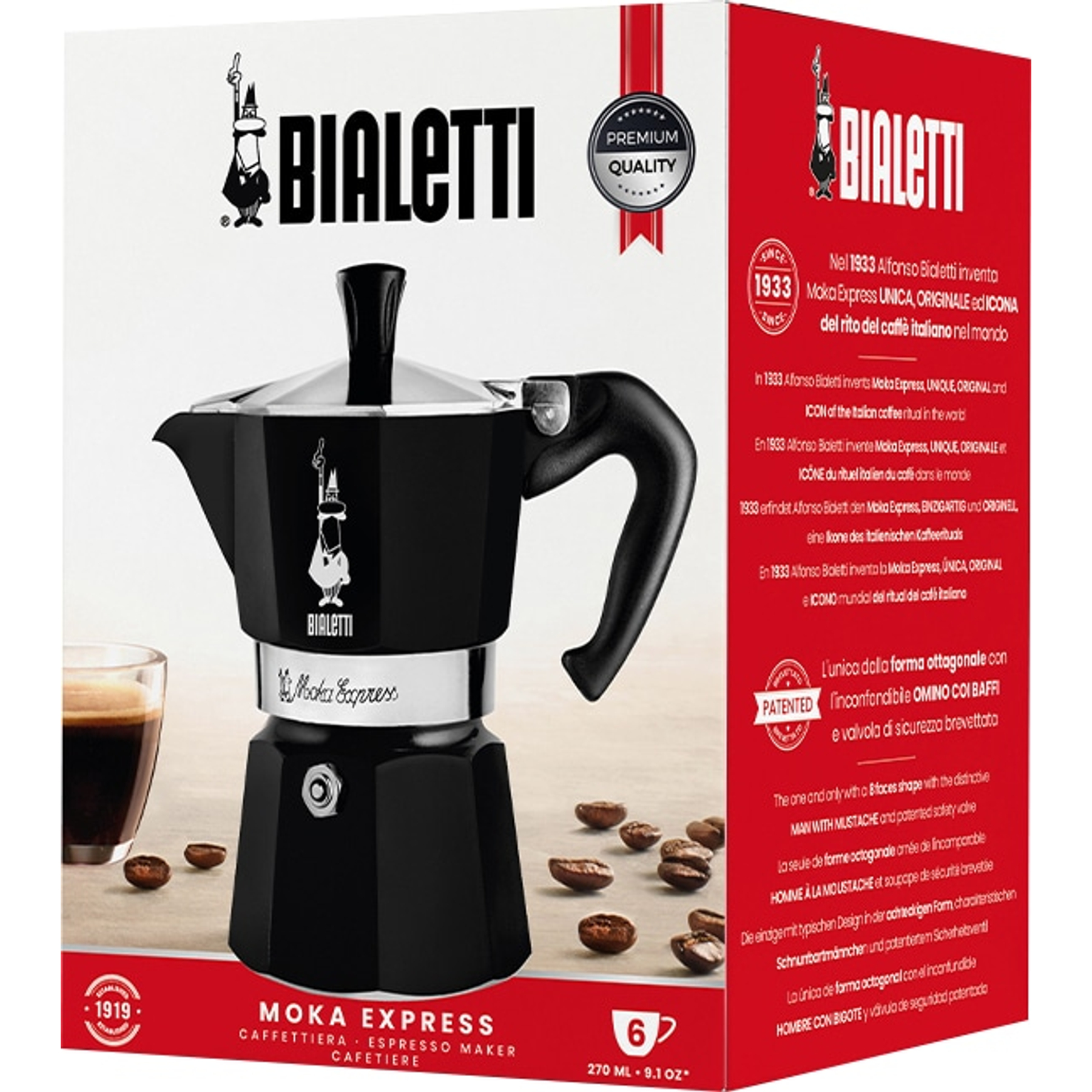 Czarna Moka Express Bialetti z filiżanką kawy i ziarnami. Pudełko produktu w tle.