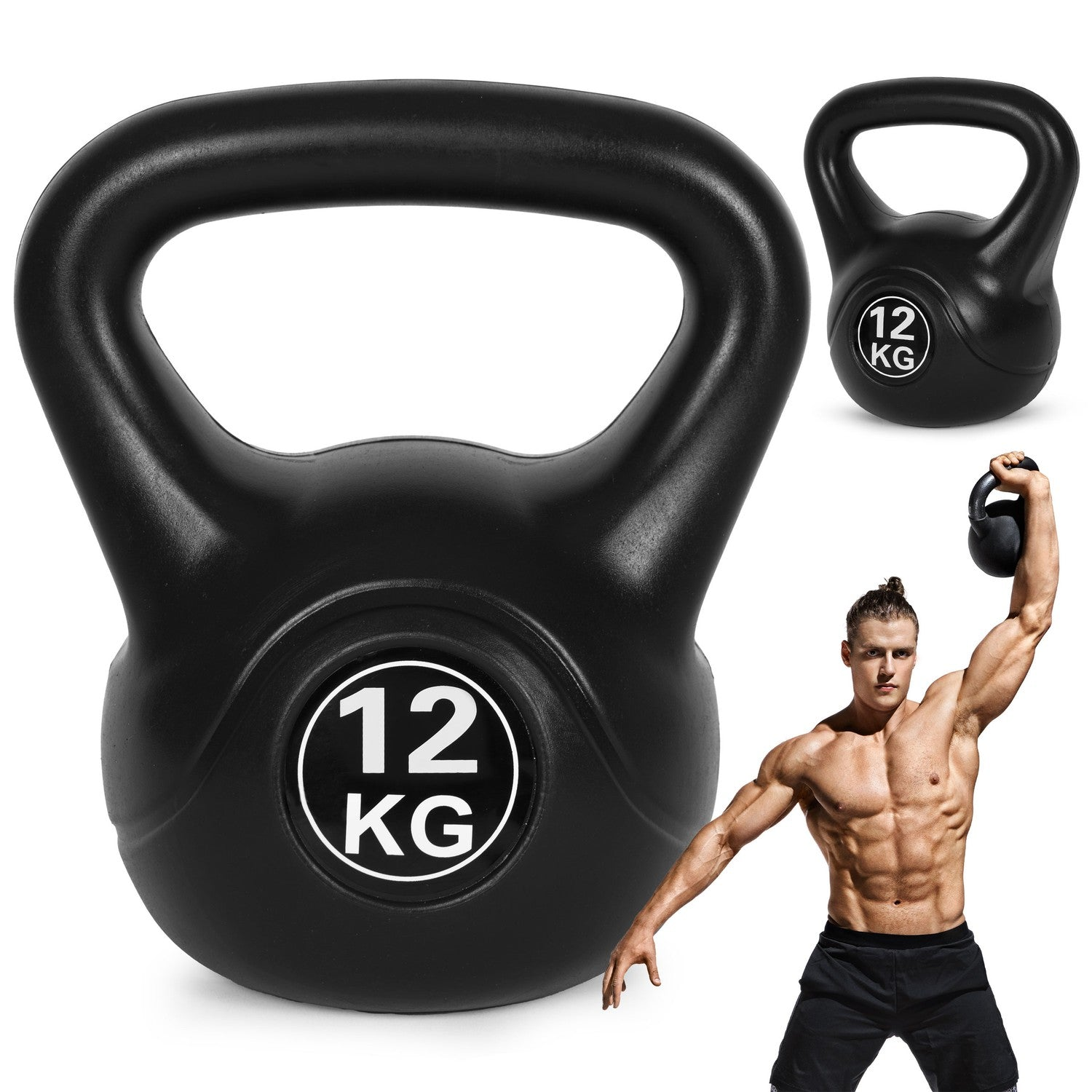 Kettlebell nera con etichetta da 12 KG e un uomo che la solleva. Sono mostrati anche altri due kettlebell.