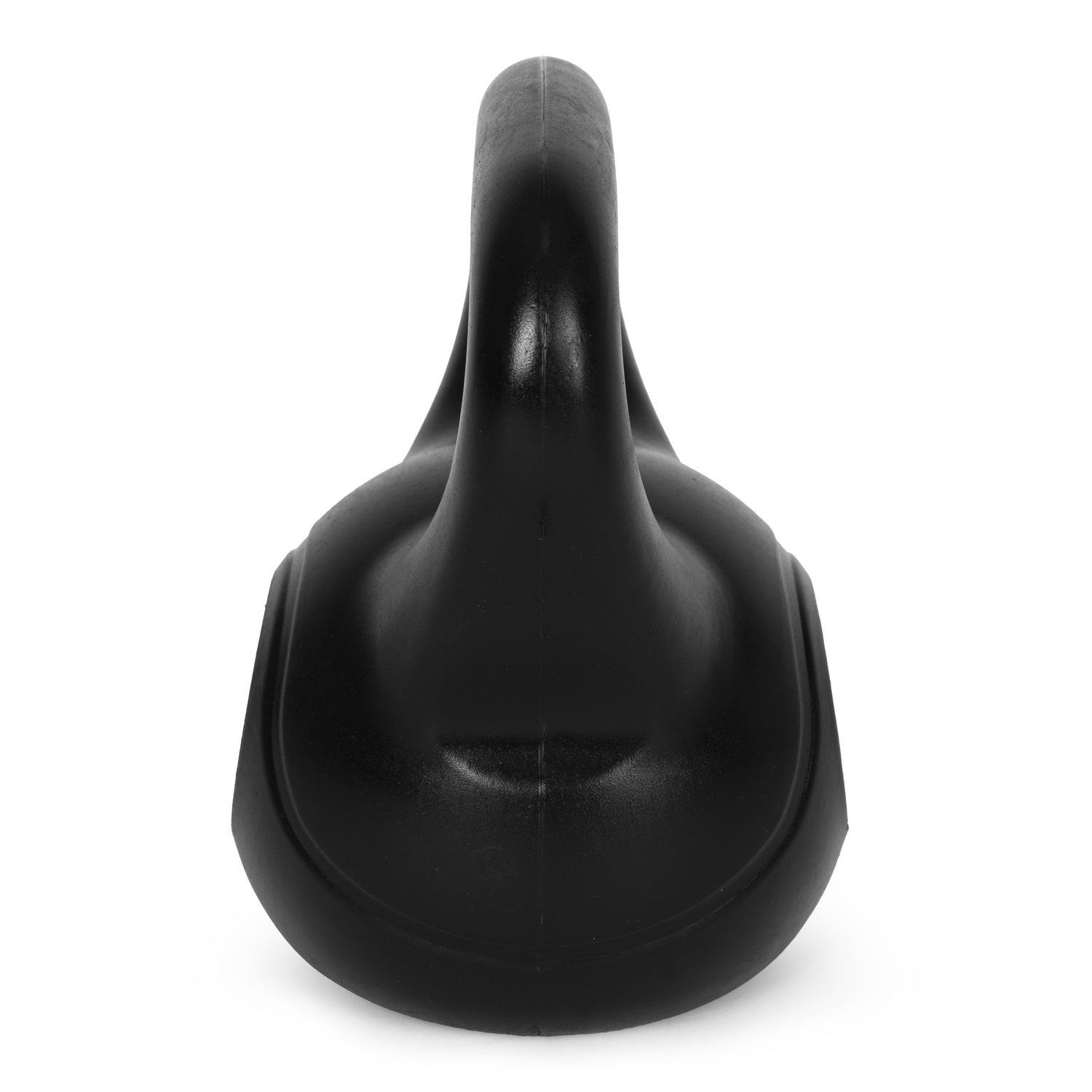 Un kettlebell nero su sfondo bianco. Il kettlebell è centrato e riempie la maggior parte del fotogramma. È nero pieno.